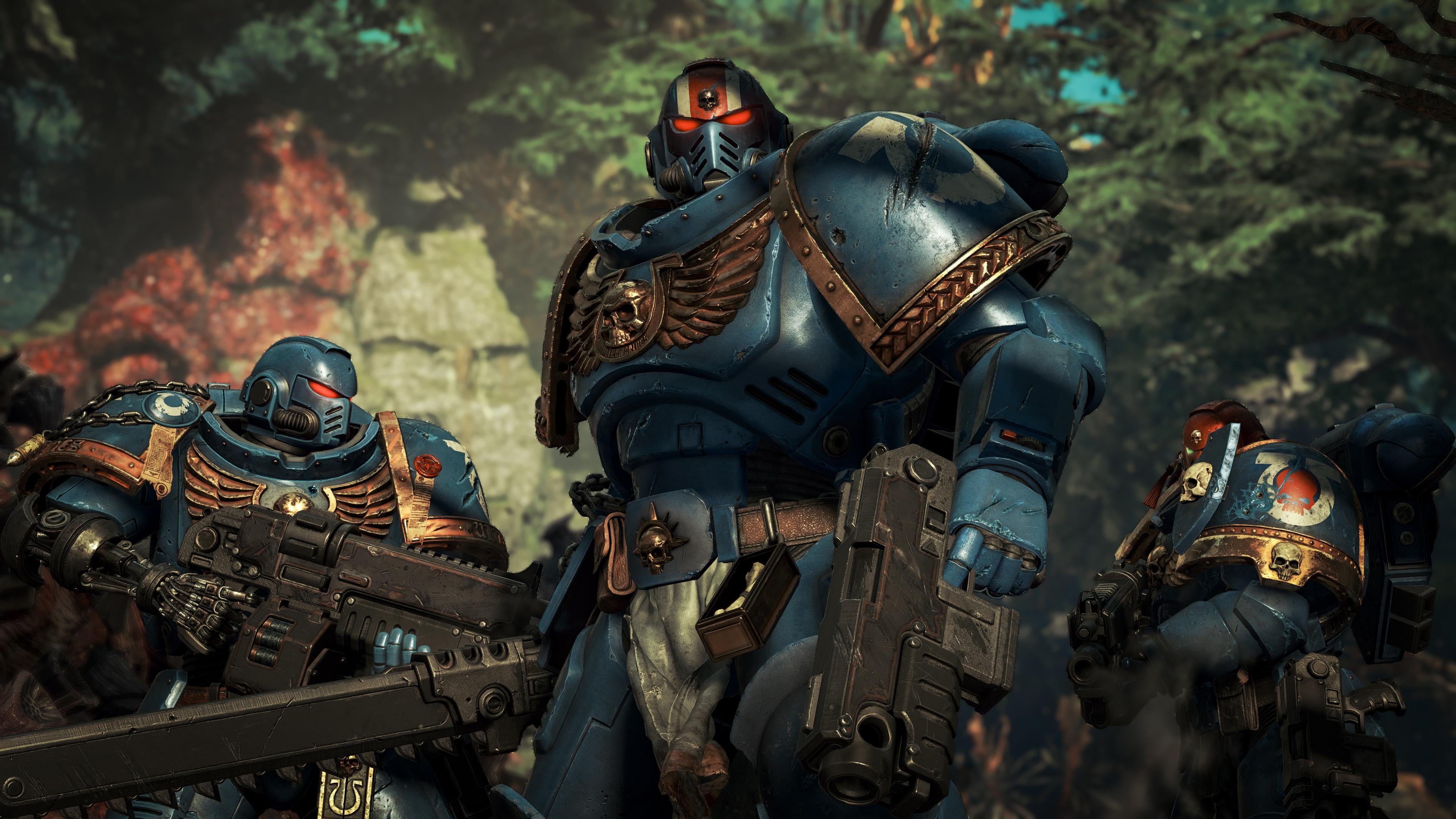 Demetrian Titus wearing Ultramarine power armor from Warhammer 40,000: Space Marine 2