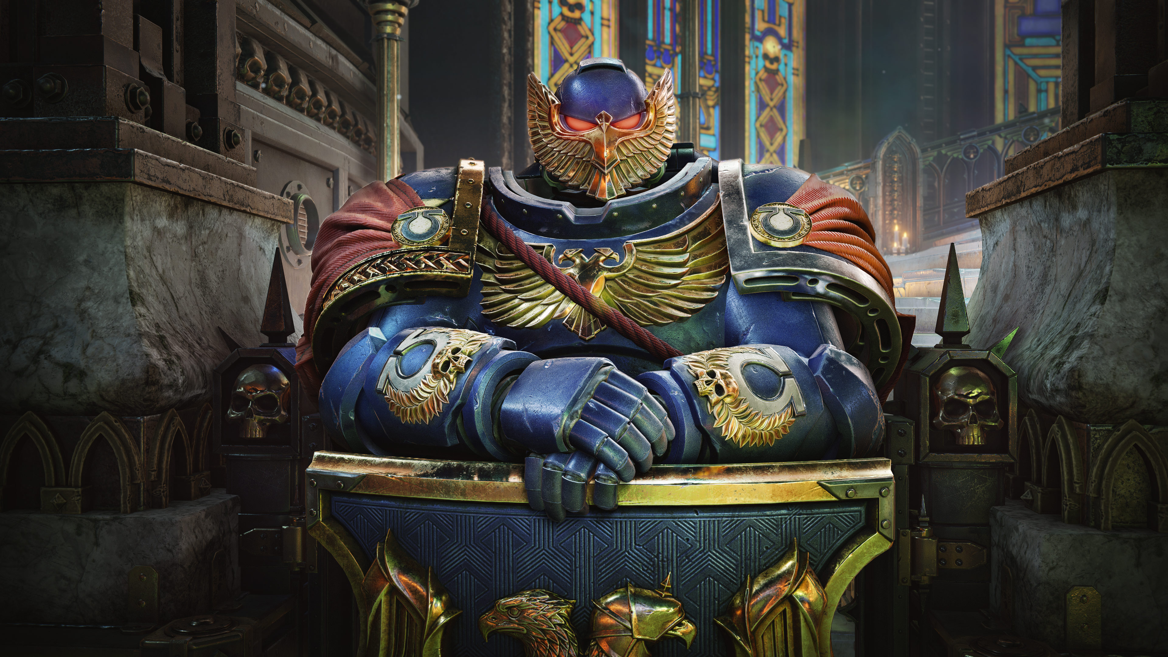 A battle-worn blue and gold Storm Shield belonging to an Ultramarine Space Marine from Warhammer 40,000.