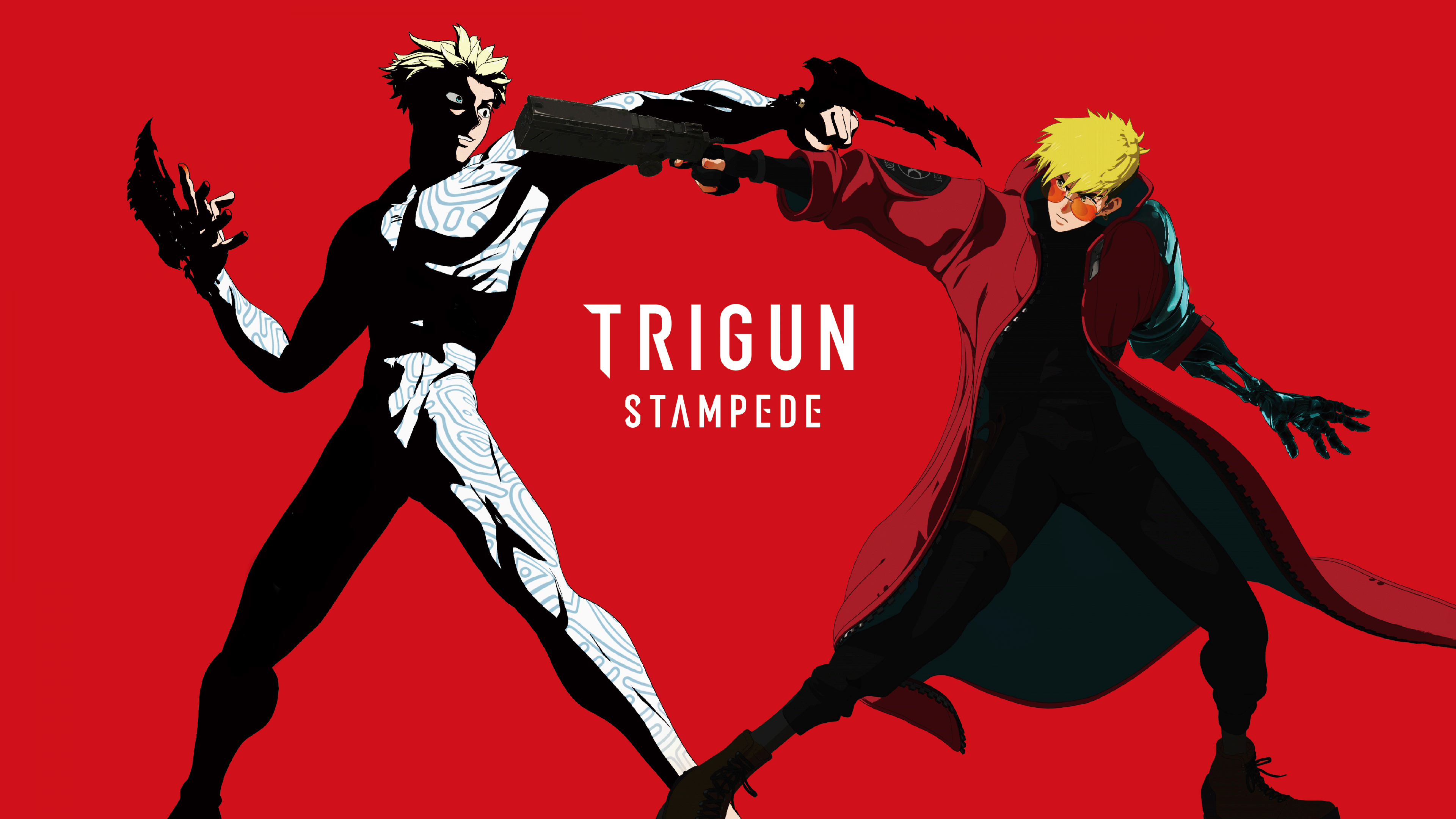 A high-resolution 5K portrait of Vash the Stampede from Trigun Stampede against a vibrant red background.