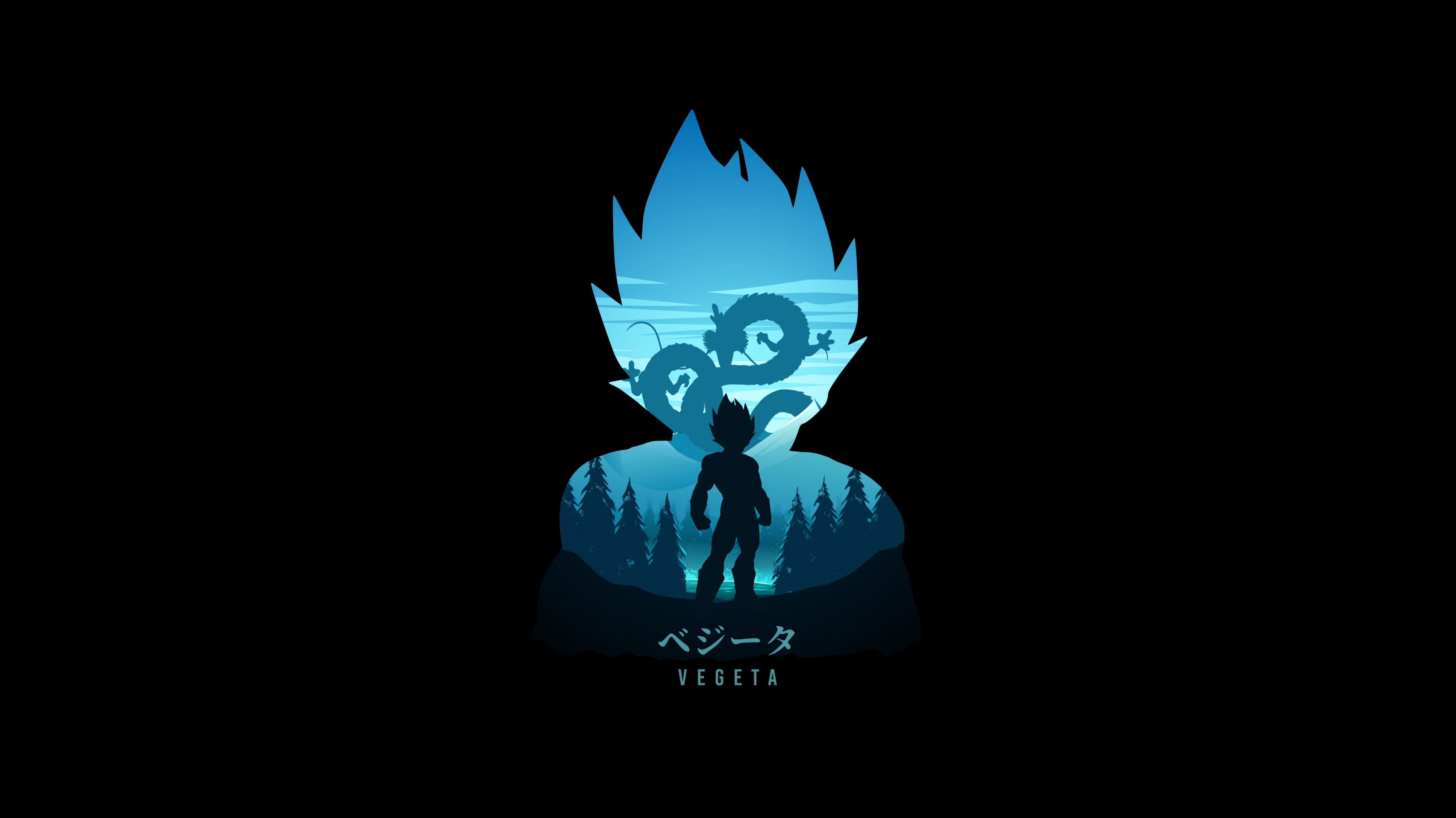 Minimalist silhouette of Vegeta from Dragon Ball against a pure black background.