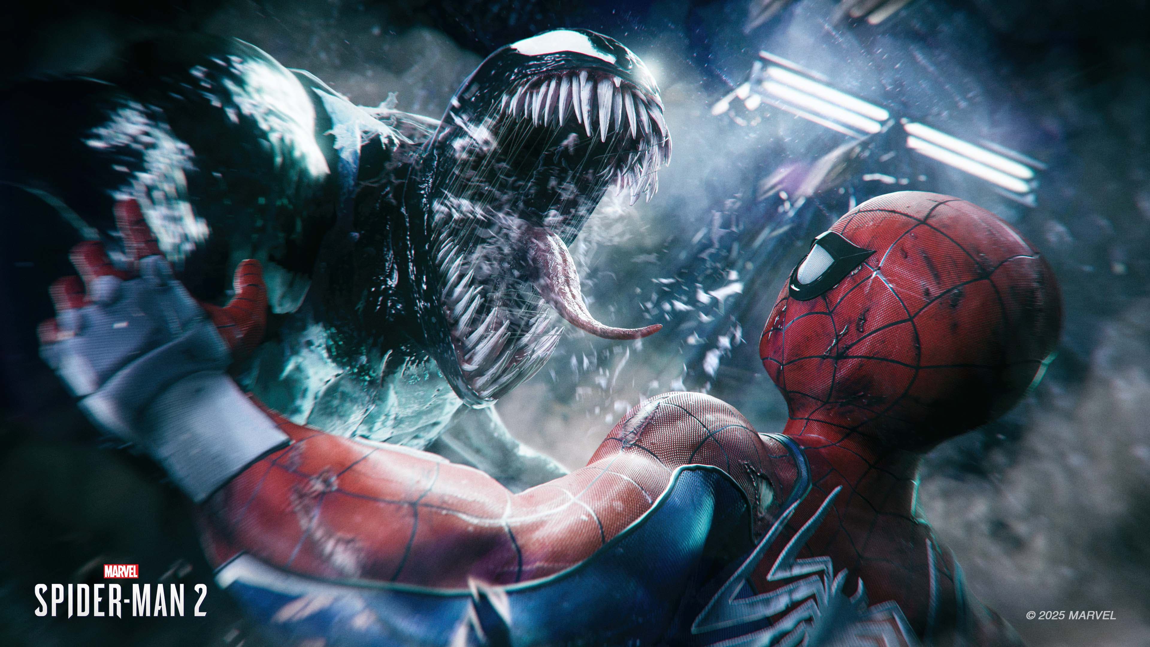 A cinematic close-up of Venom from the video game Marvel's Spider-Man 2.