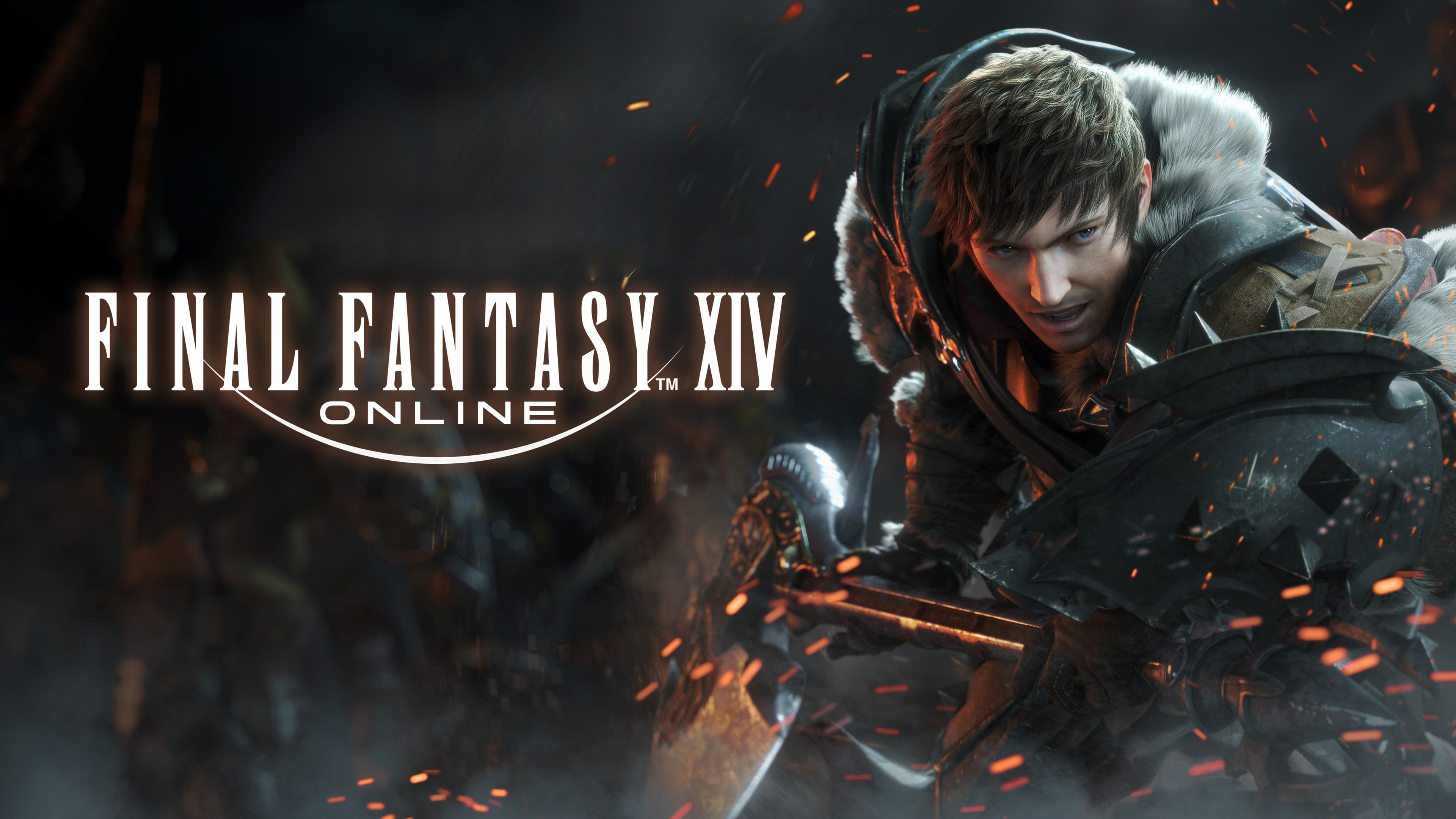 A cinematic close-up of a Warrior of Light from Final Fantasy XIV featuring ornate armor and magical lighting.