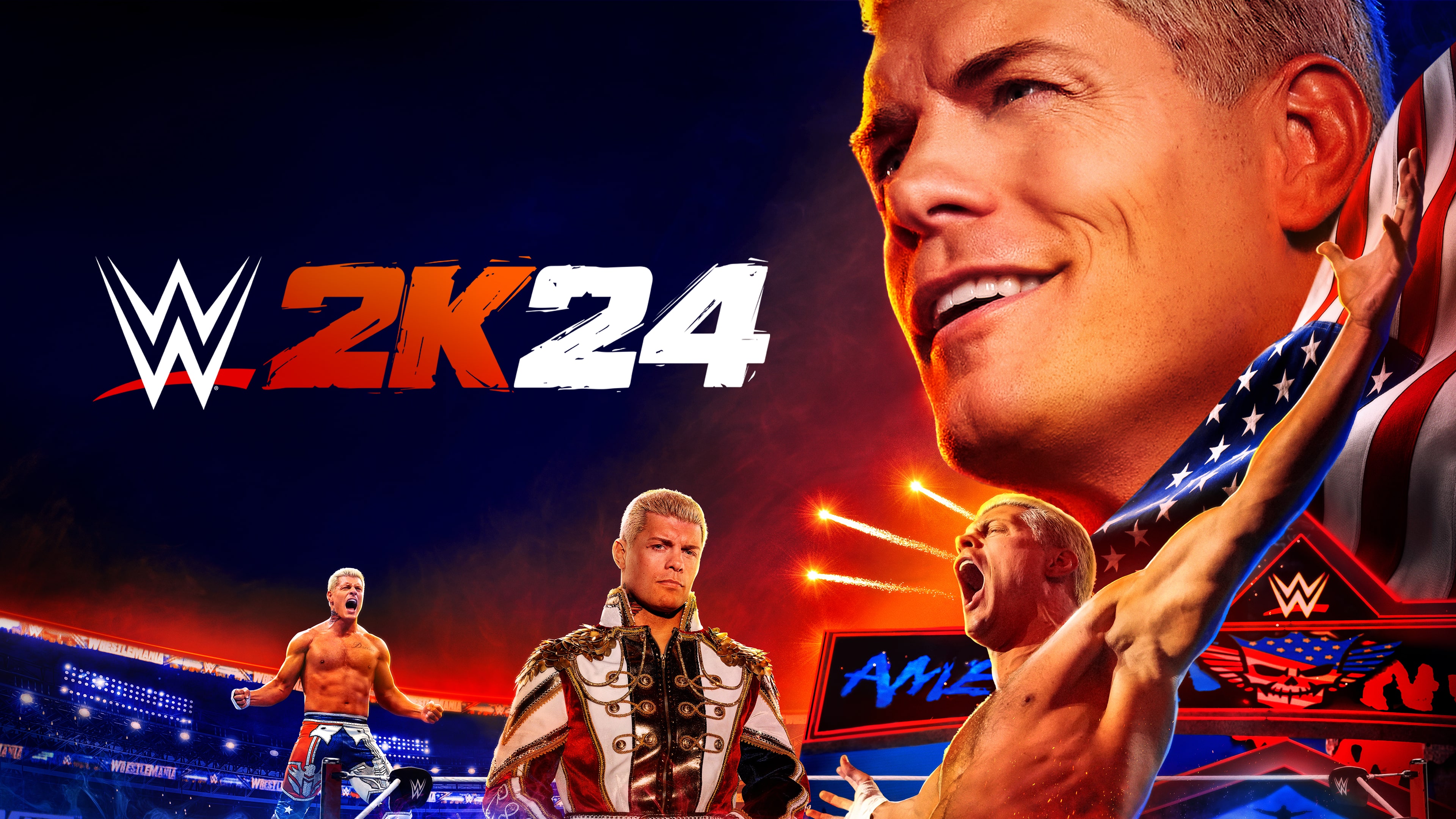 A dynamic wrestling scene from the WWE 2K24 video game featuring professional wrestlers in a ring.