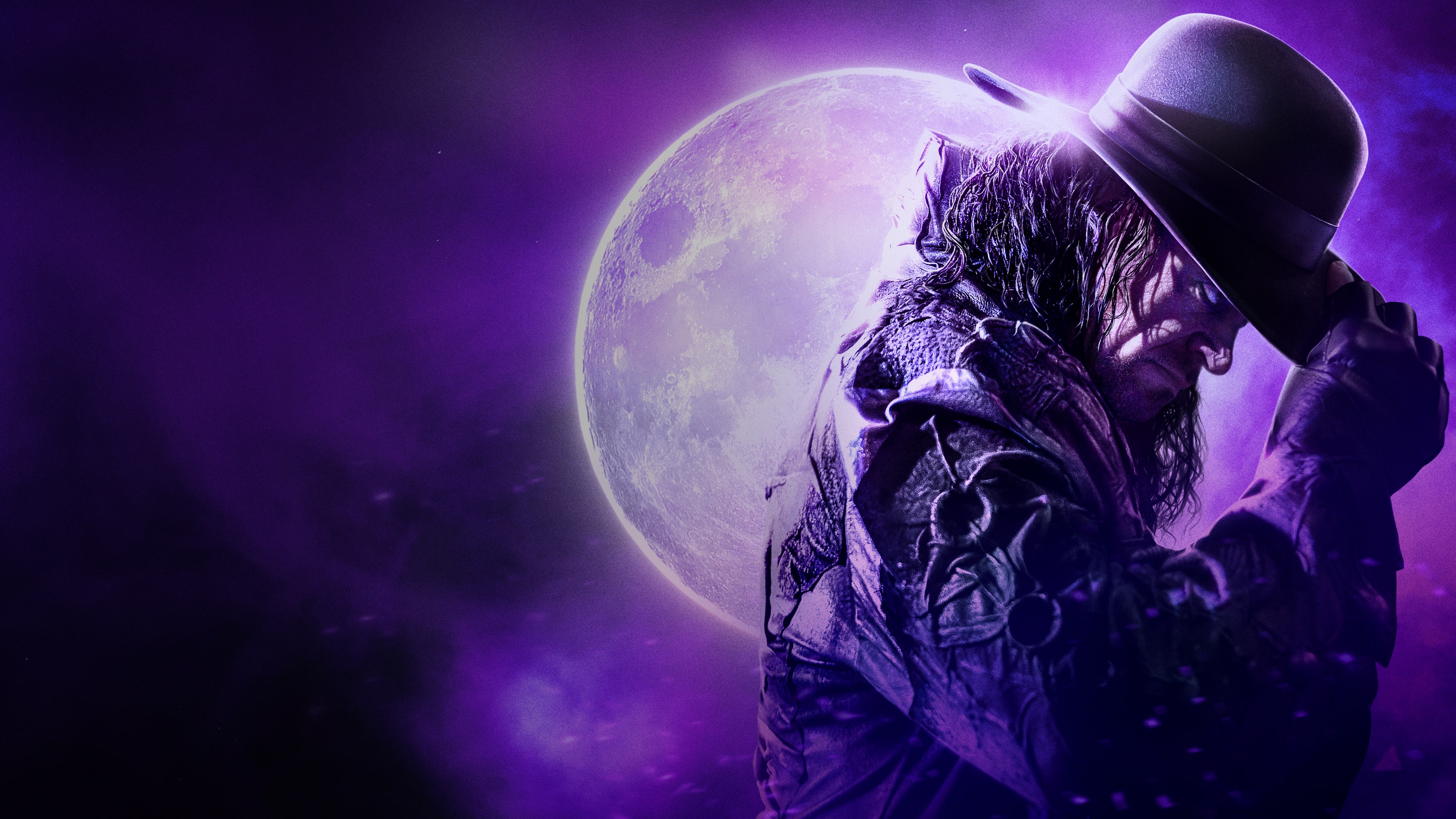 Promotional concept art for WWE 2K25 featuring professional wrestling aesthetics and a purple background.