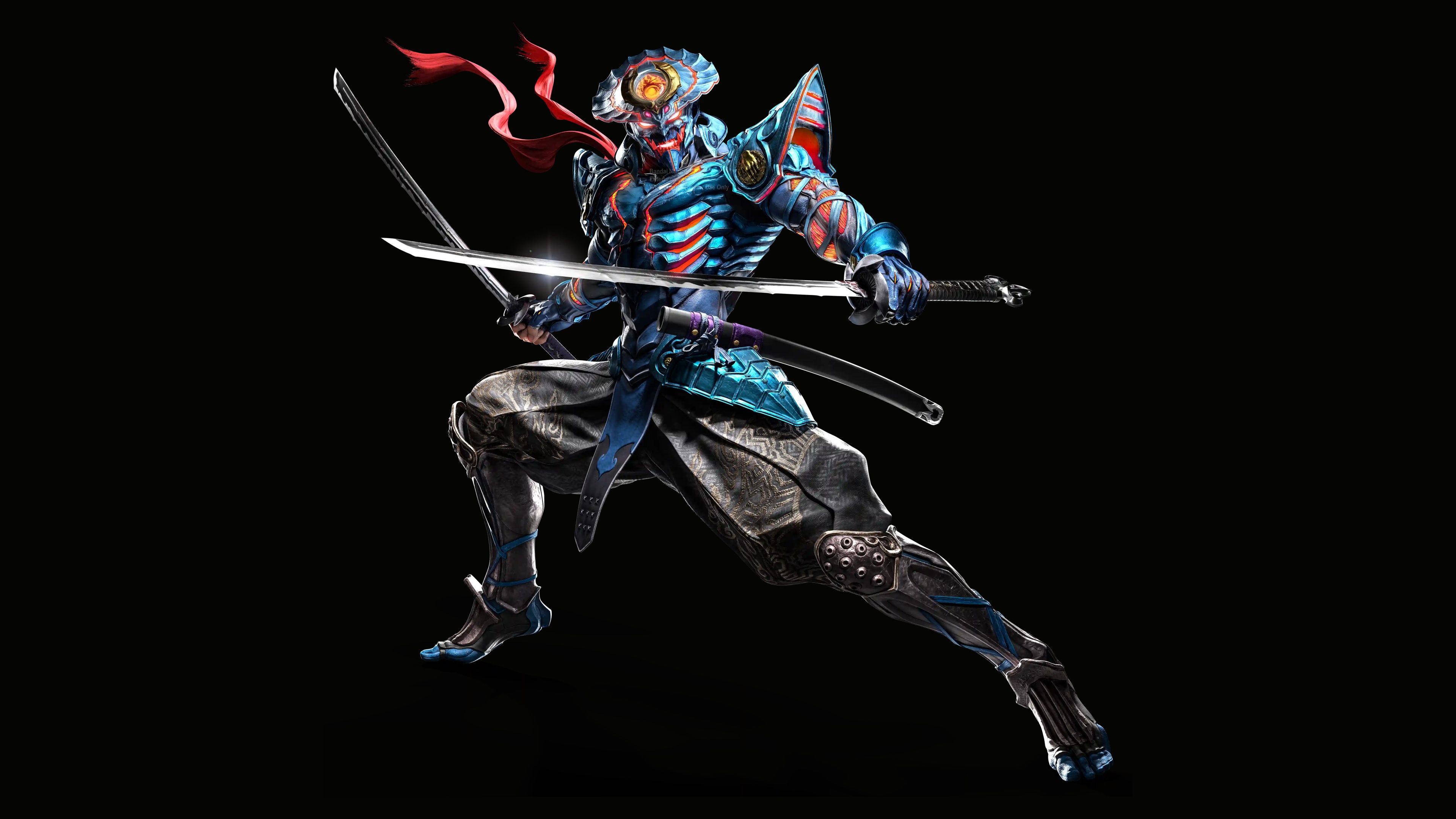 A highly detailed, high-contrast close-up of Yoshimitsu from the video game Tekken 8 against a solid black background.
