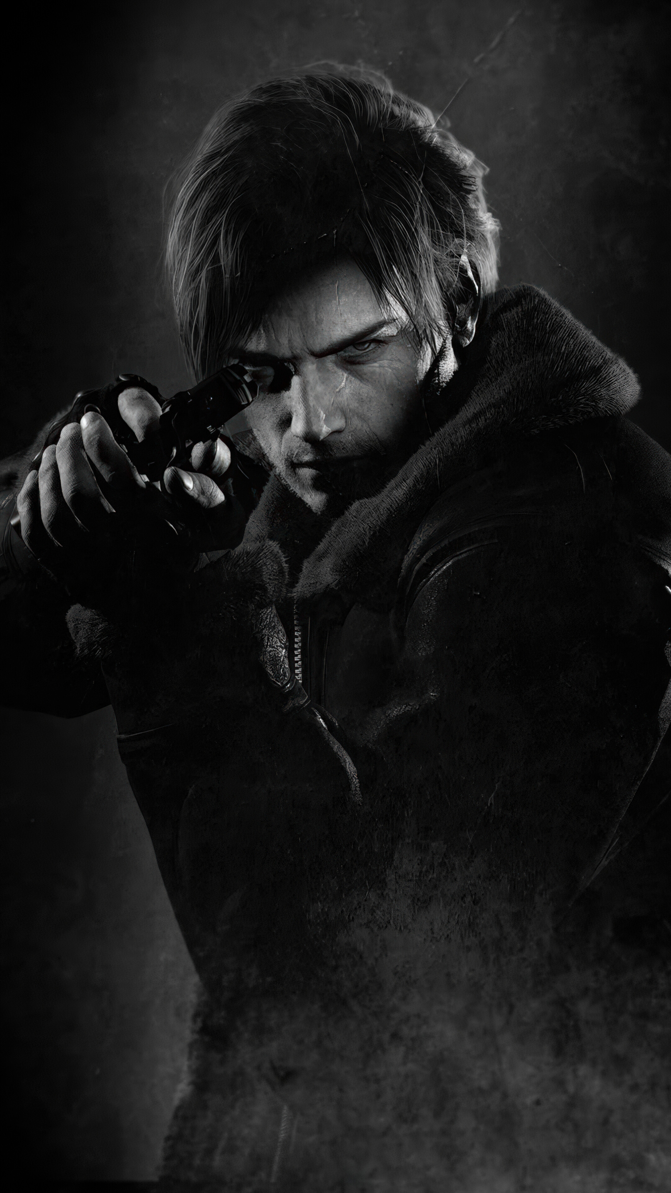 A cinematic portrait of Leon S. Kennedy from Resident Evil against a dark, moody background.
