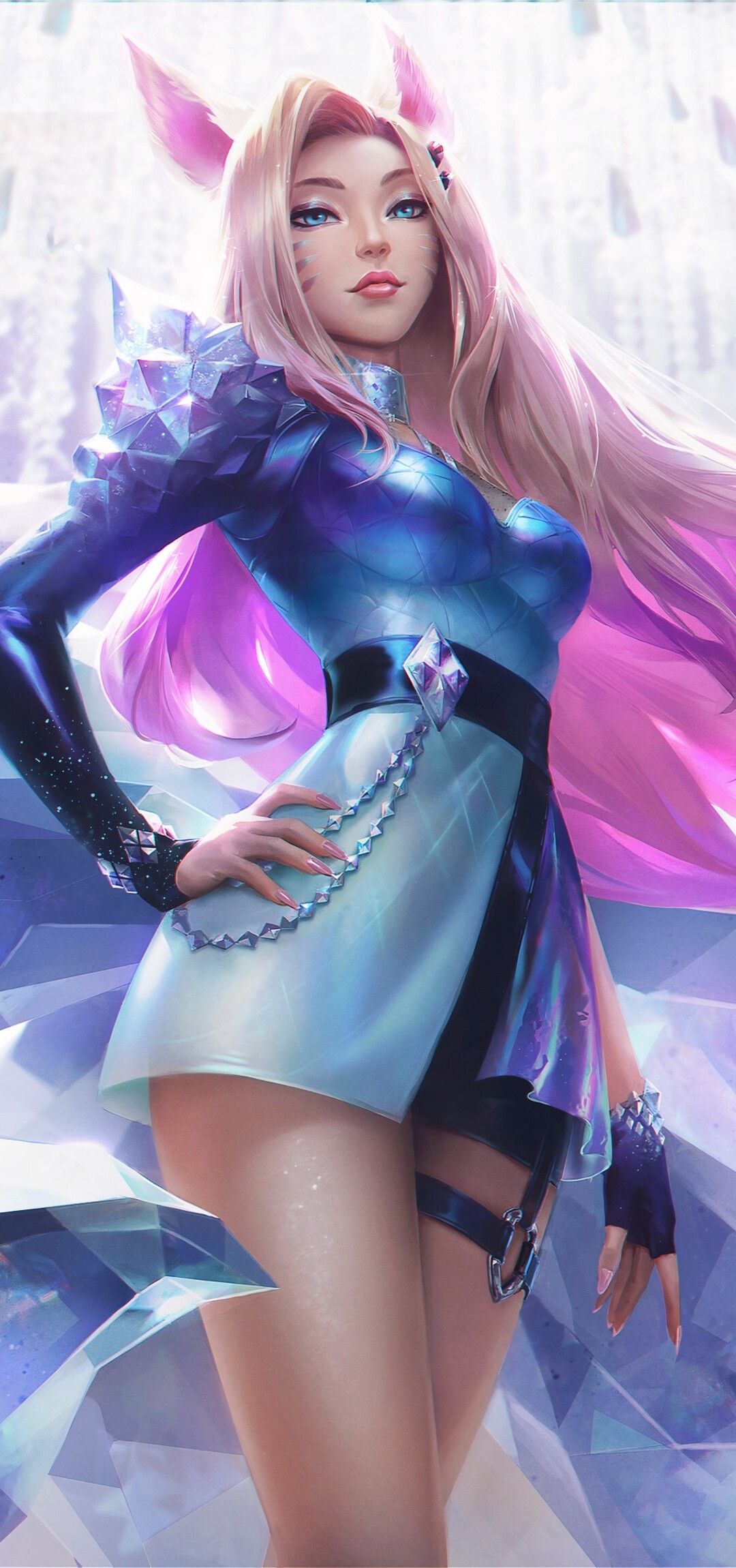 A detailed portrait of Ahri from League of Legends in her K/DA outfit.