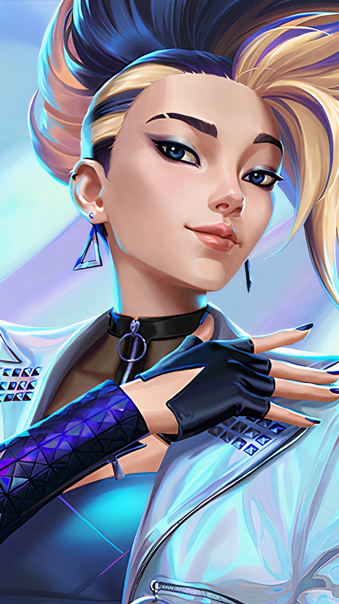 Akali from League of Legends in her signature K/DA K-pop outfit with neon accents.