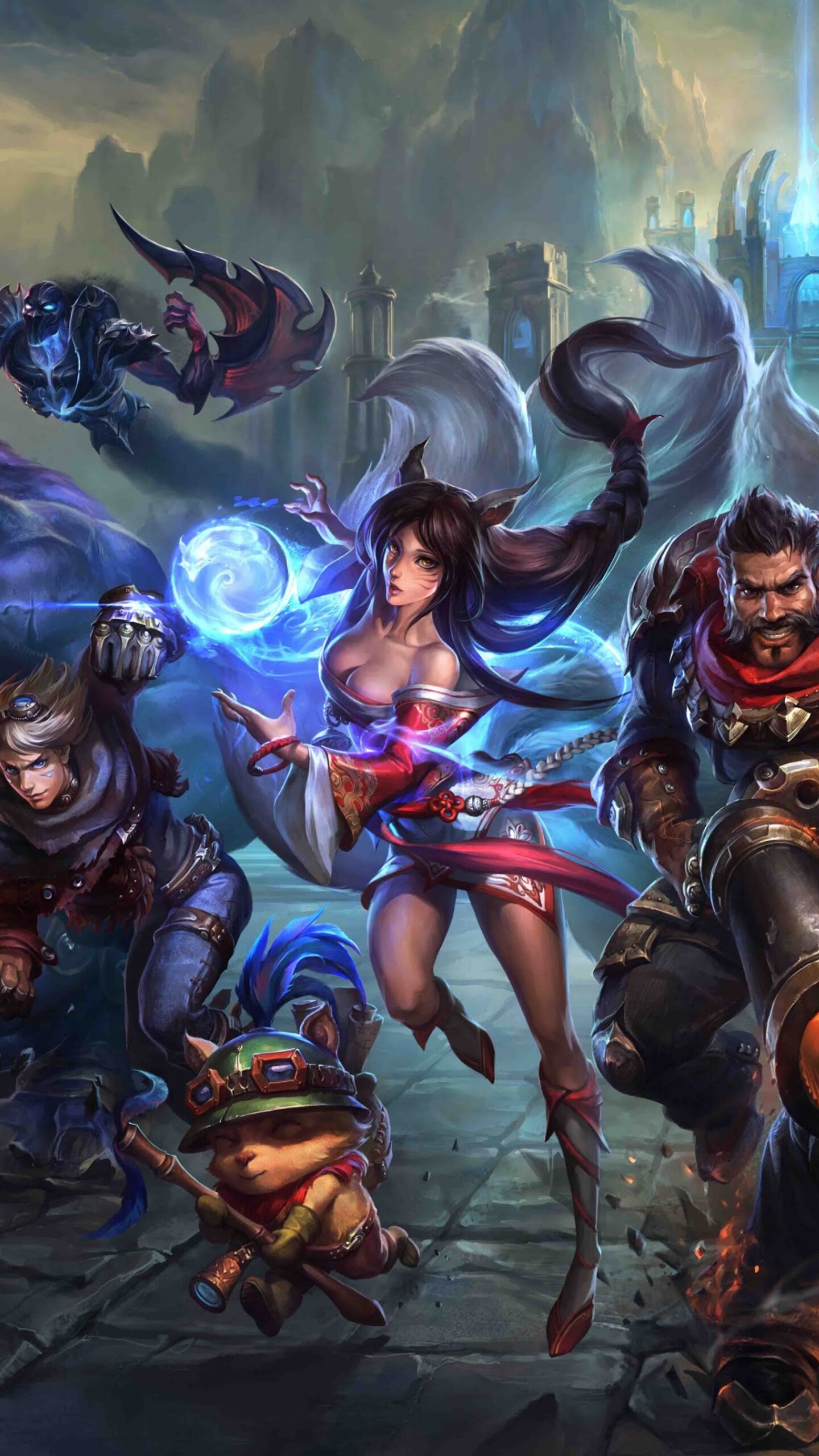 A high-quality game art illustration featuring League of Legends characters Ahri, Ezreal, Teemo, Annie, and Katarina.