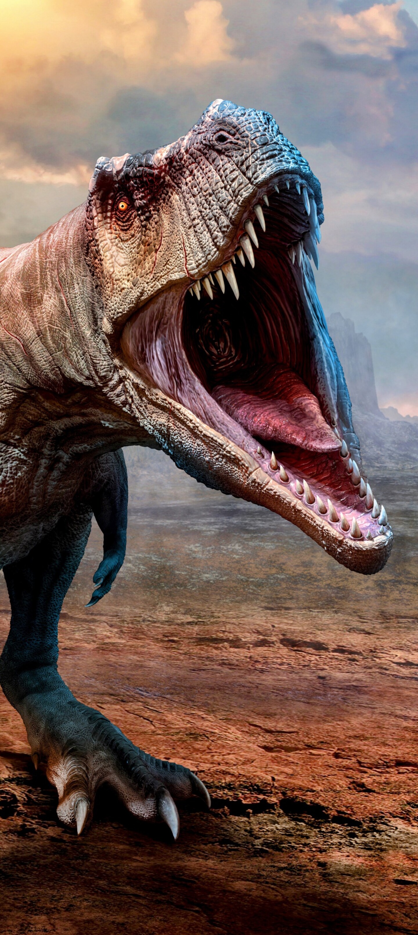 A highly detailed, close-up view of a Tyrannosaurus Rex featuring realistic reptilian skin and sharp teeth.