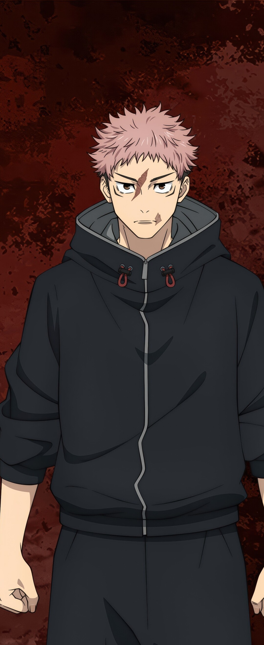 Cinematic 5K portrait of Yuji Itadori from Jujutsu Kaisen featuring his signature pink hair and determined look.