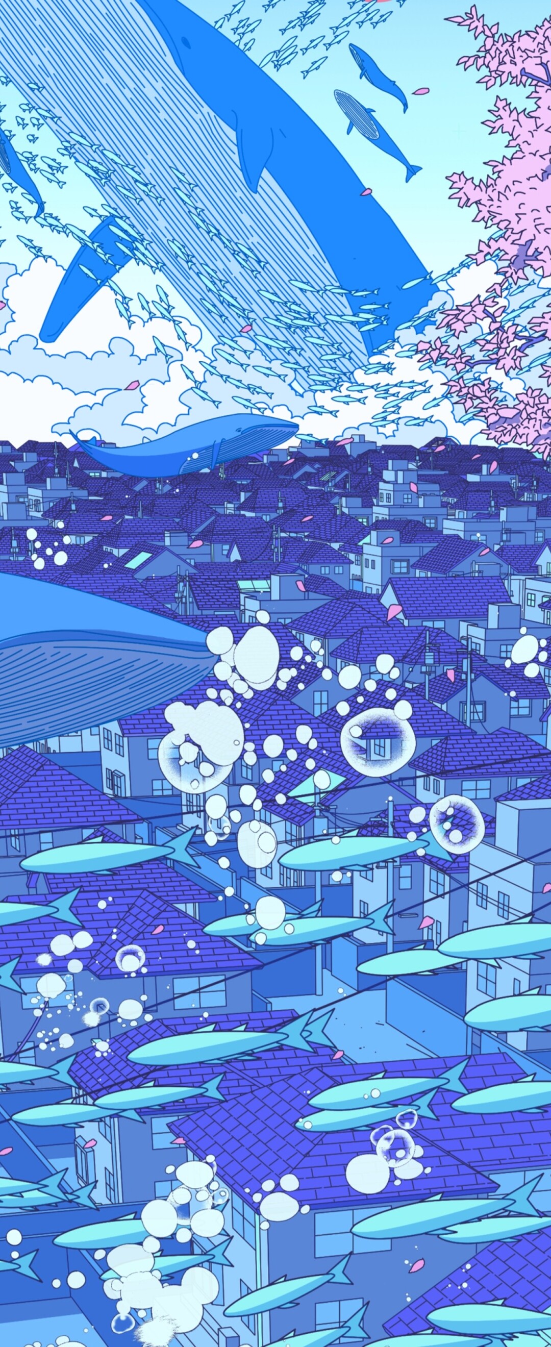 A surreal anime-style illustration of a Japanese girl surrounded by floating whales, schools of fish, and falling cherry blossoms in a dreamy, aesthetic landscape.