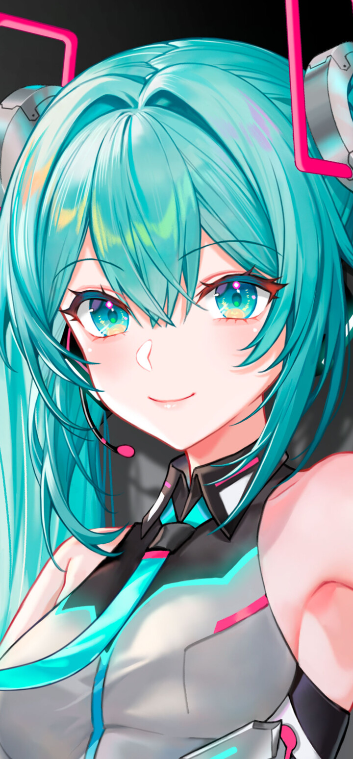 Hatsune Miku from Vocaloid wearing futuristic ASUS ROG gaming headset and tech-inspired armor with neon teal and red lighting.