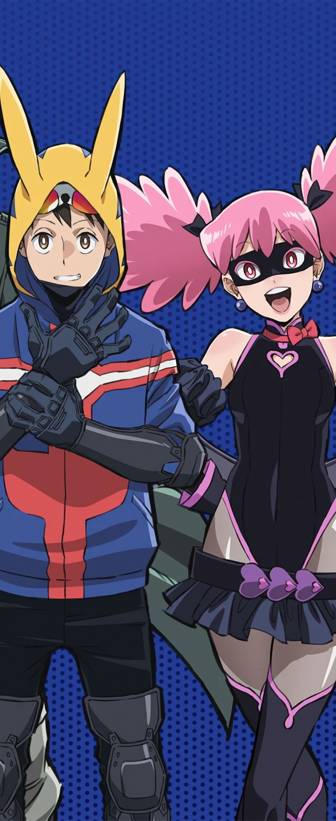 Anime characters Knuckleduster, Koichi Haimawari, and Pop Step from My Hero Academia: Vigilantes against a blue background.