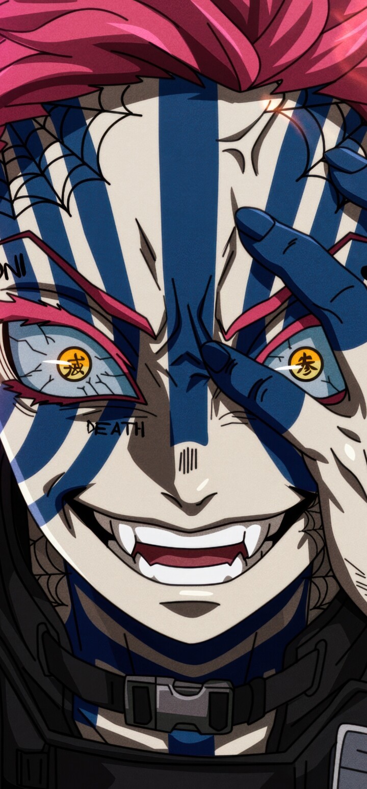 Akaza from Demon Slayer: Kimetsu No Yaiba looking intense within the Infinity Castle setting.