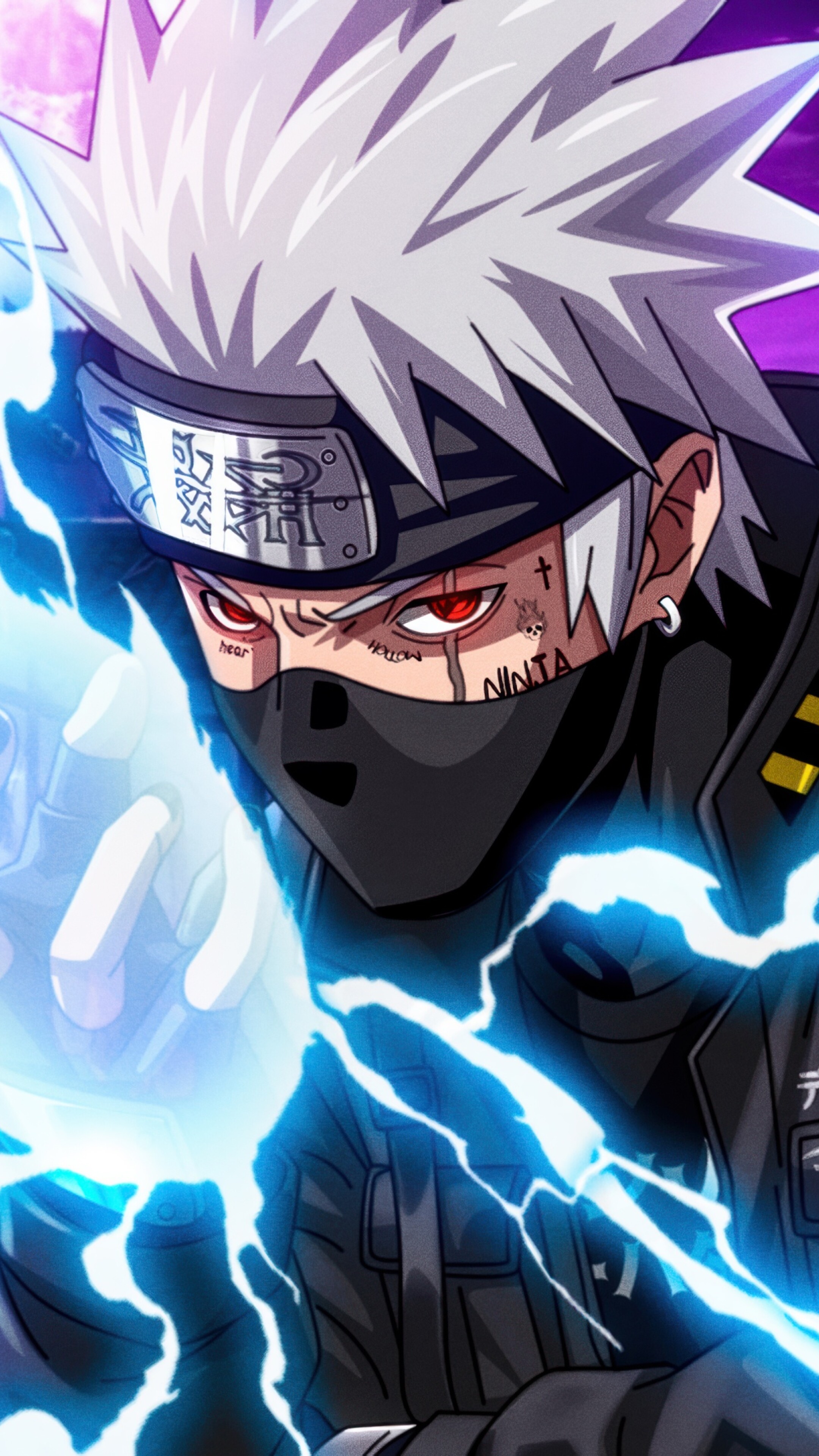 A high-resolution, detailed close-up of Kakashi Hatake from the Naruto anime series.