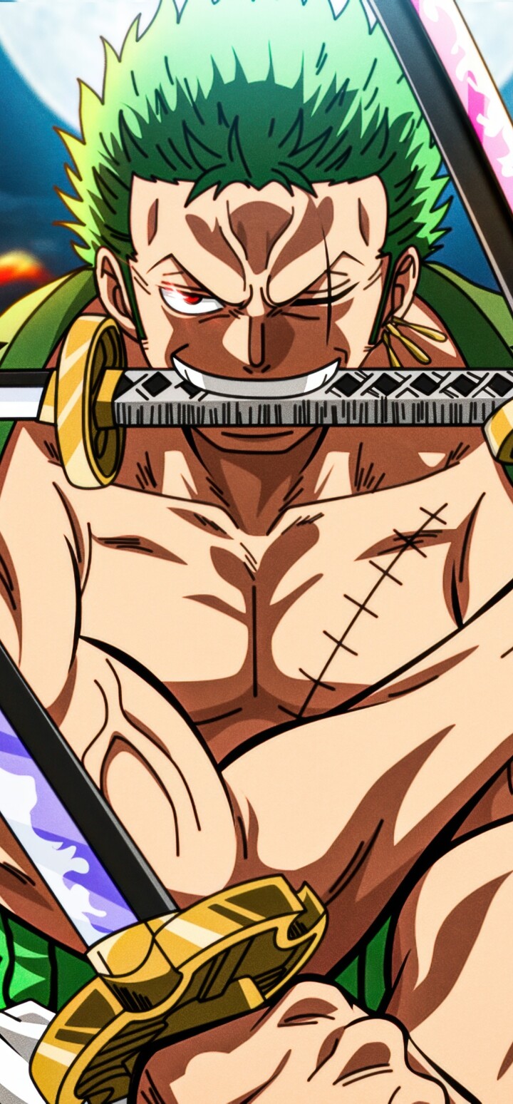 Detailed illustration of Roronoa Zoro from One Piece performing his iconic Three Sword Style technique.