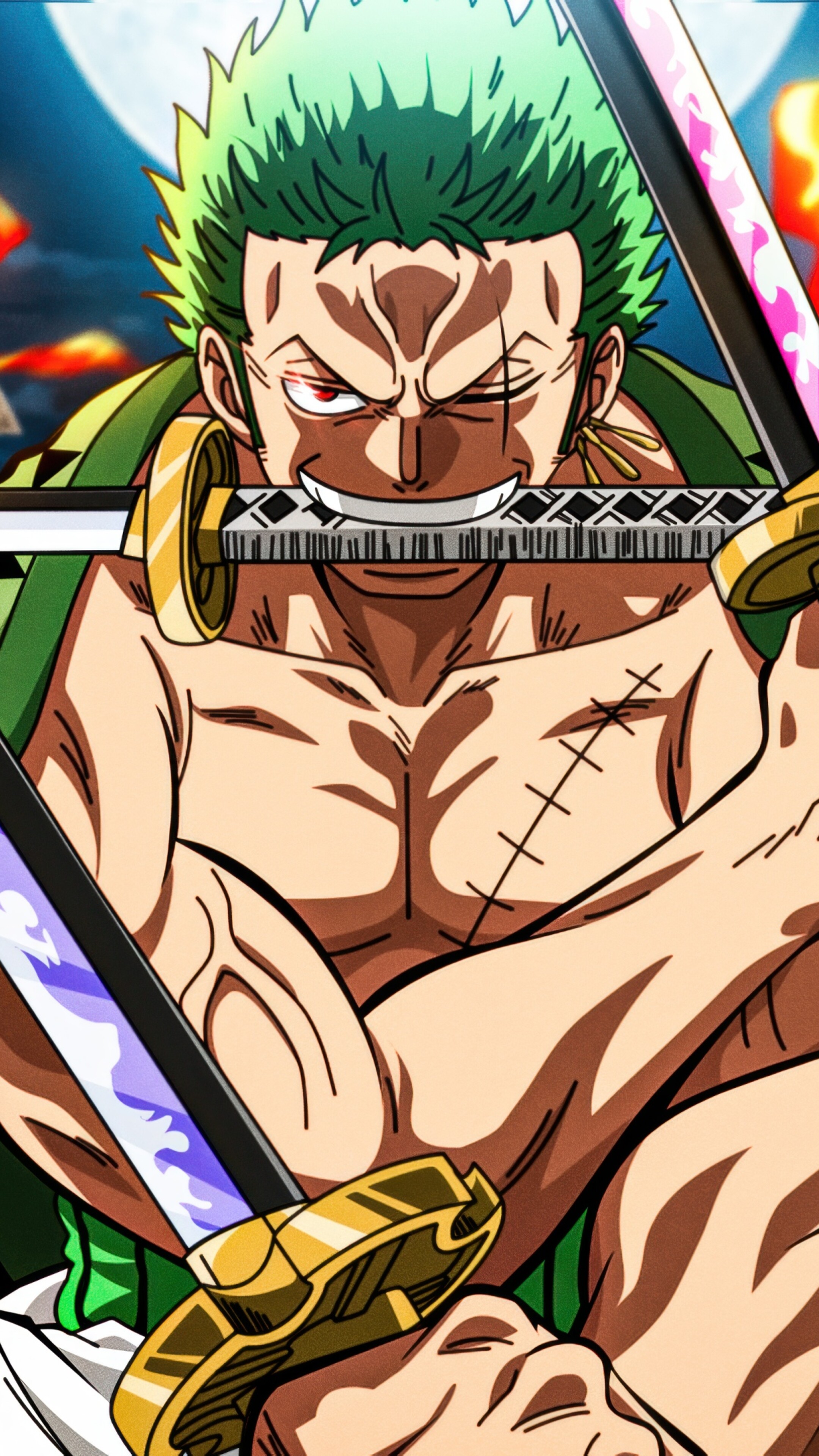 Detailed illustration of Roronoa Zoro from One Piece performing his iconic Three Sword Style technique.