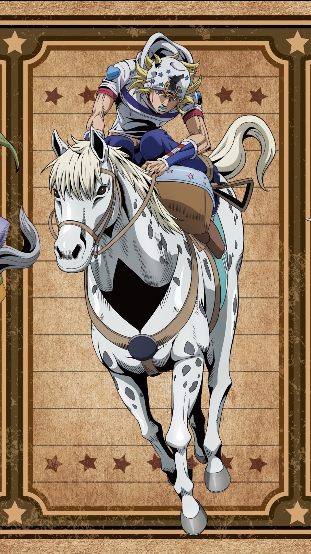 Cinematic anime poster featuring Johnny Joestar and Gyro Zeppeli from JoJo's Bizarre Adventure: Steel Ball Run.