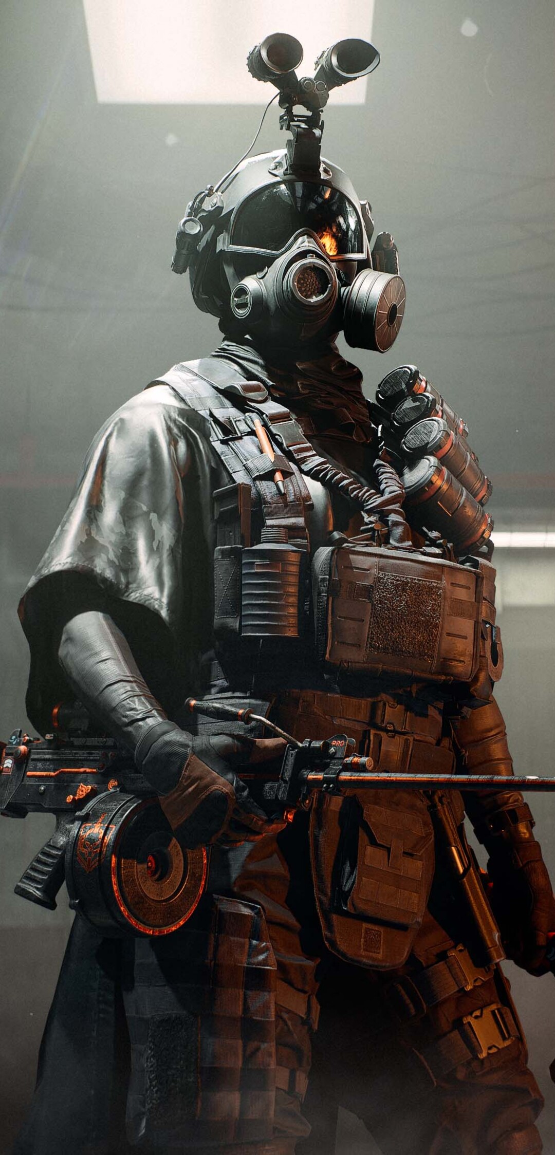 A futuristic recon soldier in tactical camouflage gear holding a high-precision sniper rifle in a battlefield environment.