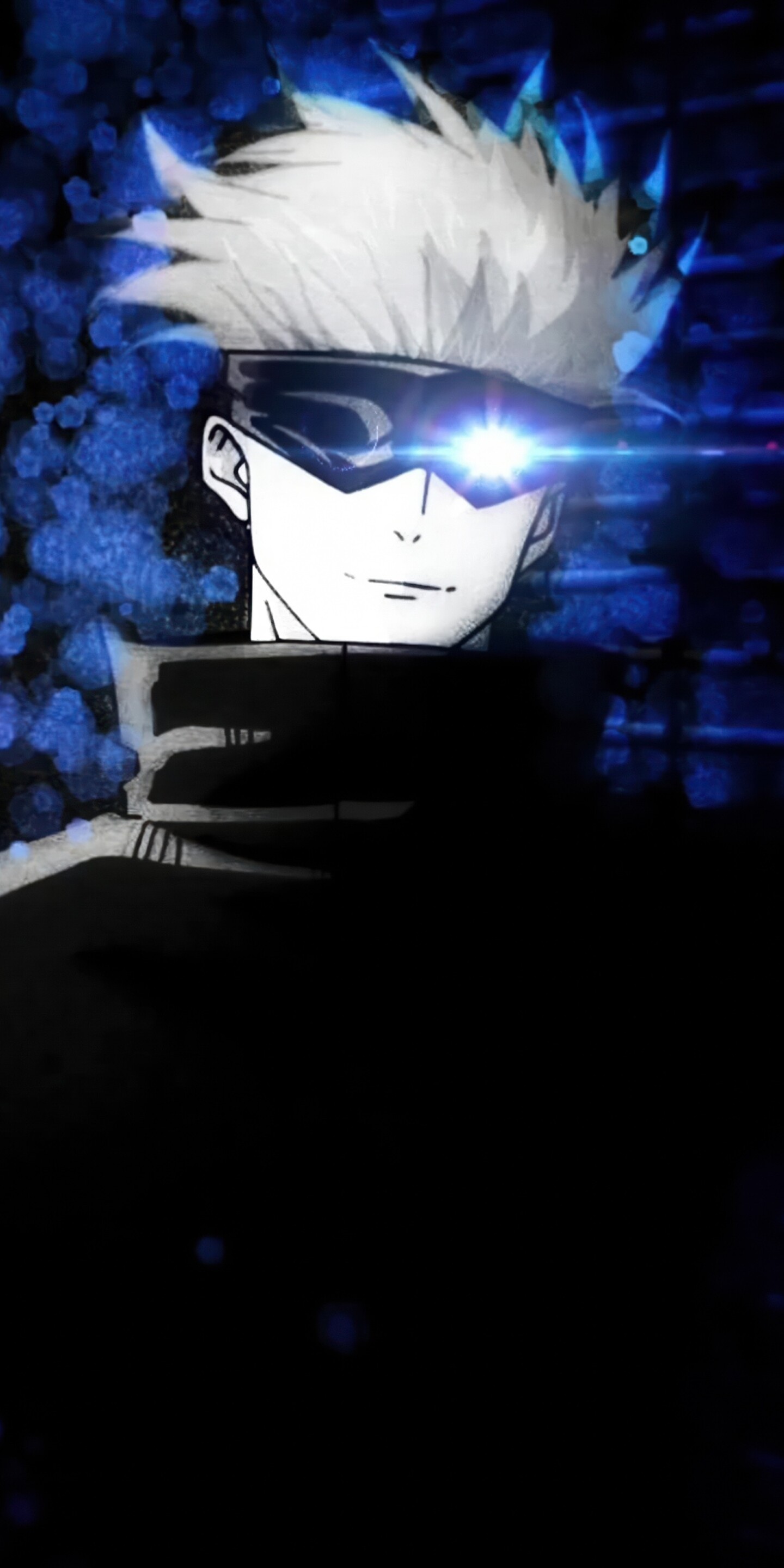 A striking portrait of Satoru Gojo from Jujutsu Kaisen against a dark, atmospheric background.