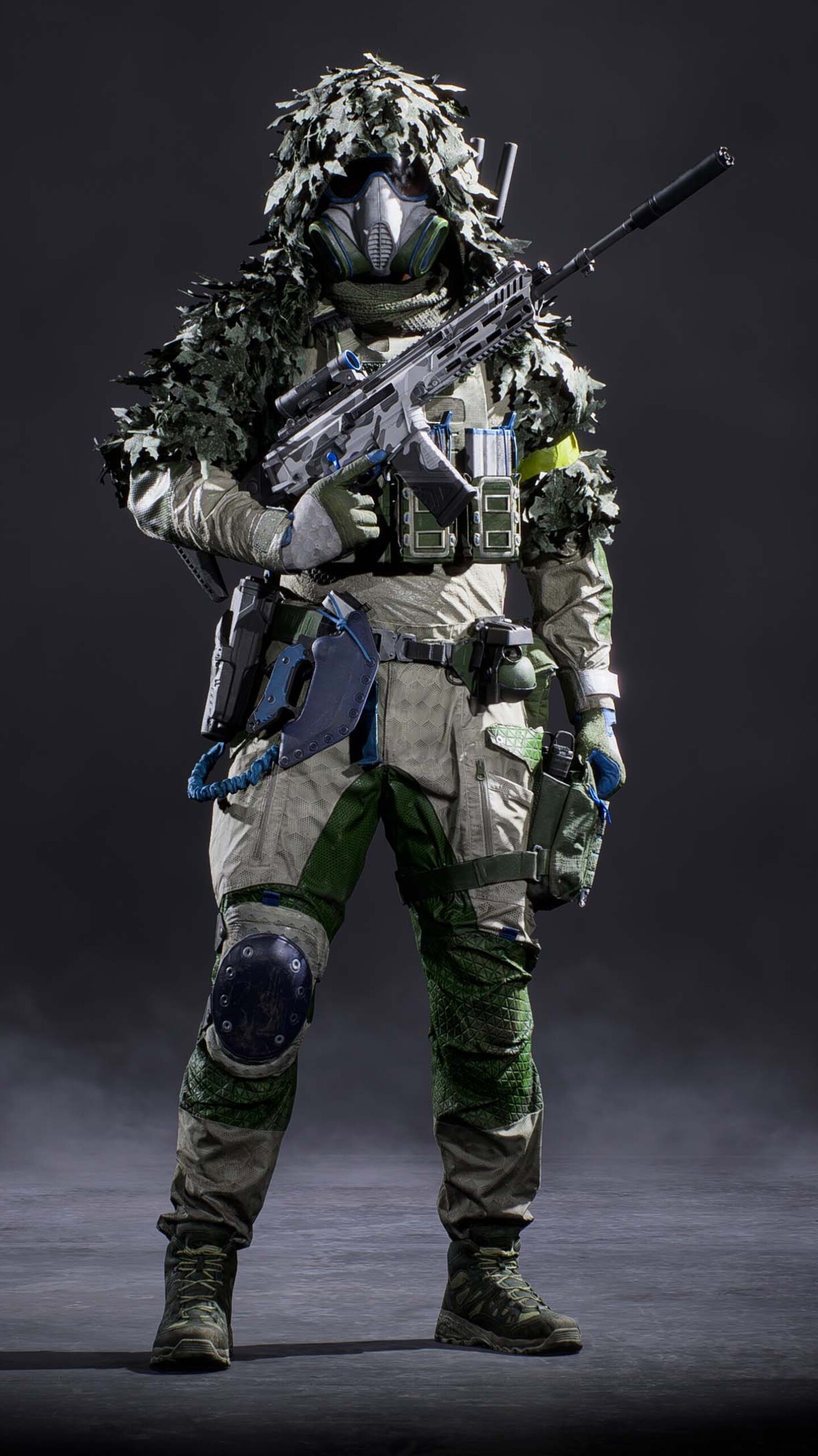 A tactical Recon sniper soldier in advanced military gear holding a precision rifle against a dark background.