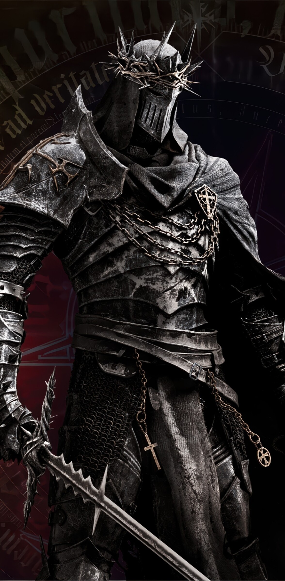 A heavy knight in dark gothic armor standing in a dark, atmospheric environment.