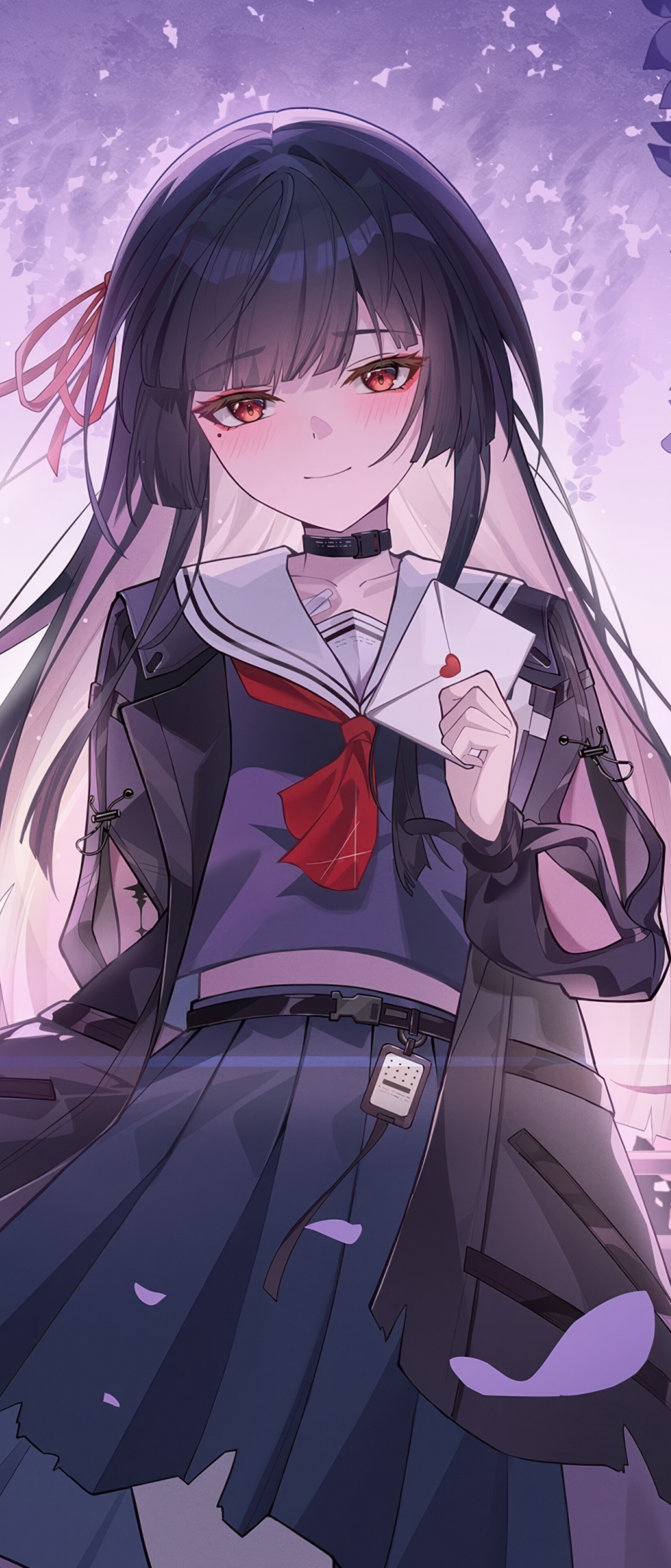 A beautiful anime girl with long purple hair and violet eyes, surrounded by a soft purple aesthetic and ethereal lighting.