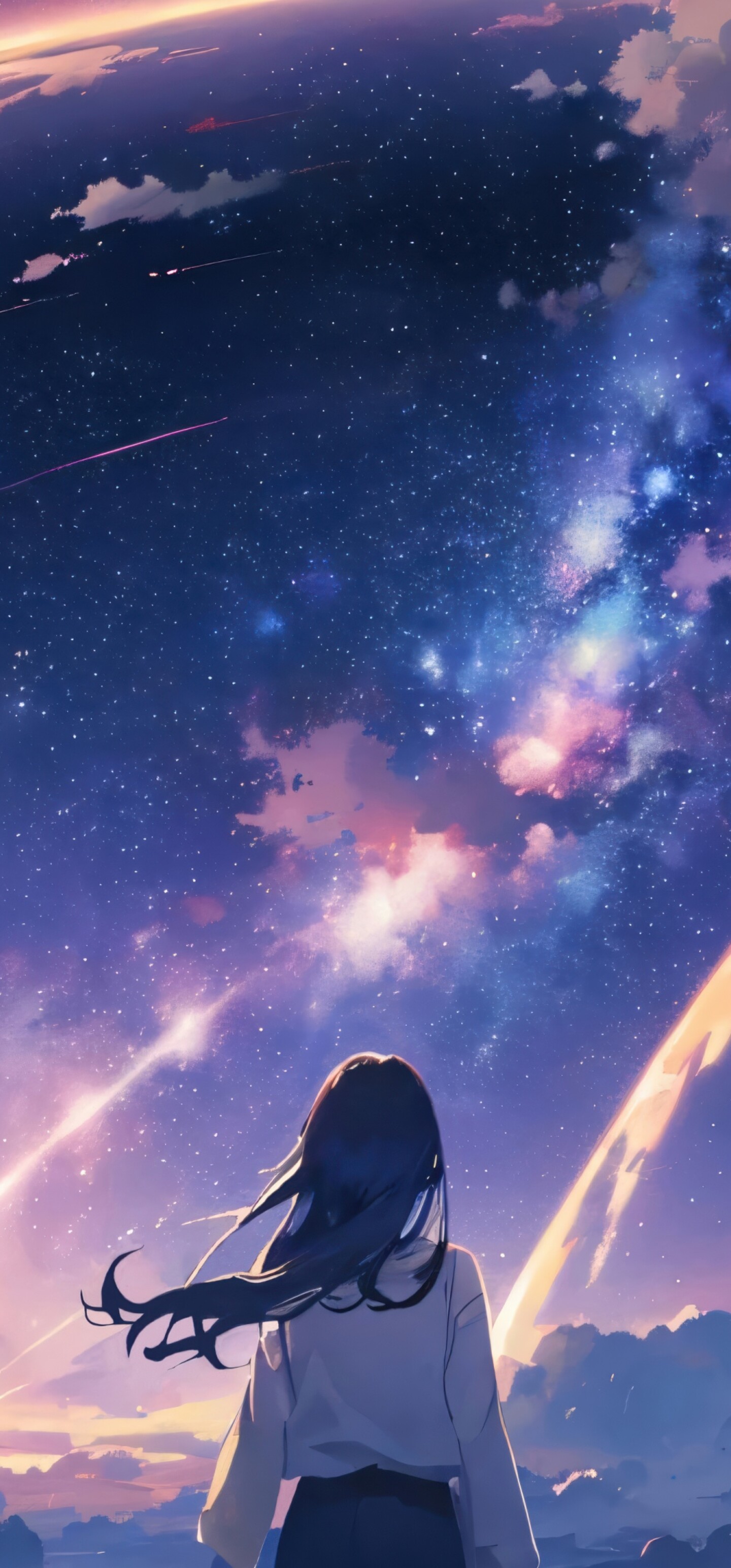 Mitsuha Miyamizu from Your Name looking up at a purple night sky with galaxies and shooting stars.