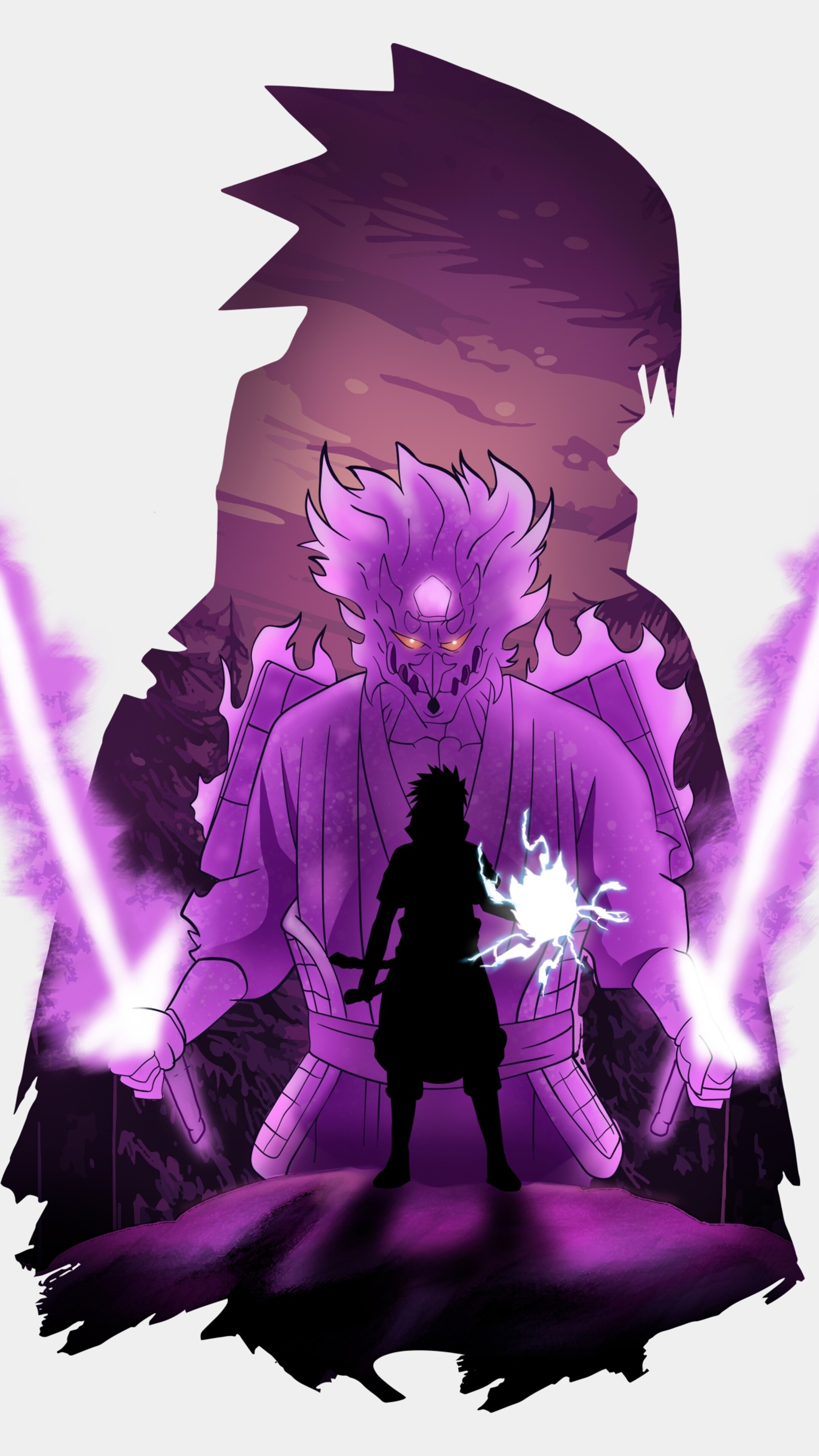 Sasuke Uchiha from Naruto showcasing his purple Susanoo aura on a white background