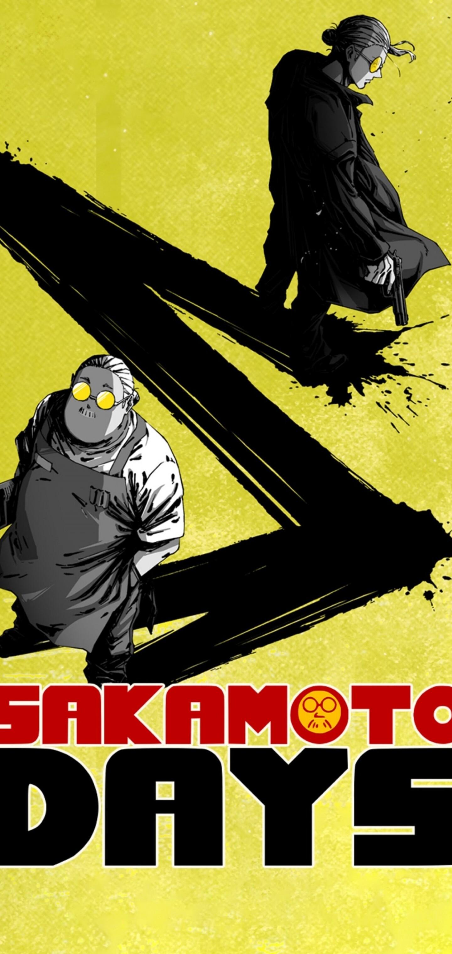 Taro Sakamoto from Sakamoto Days against a bright yellow background