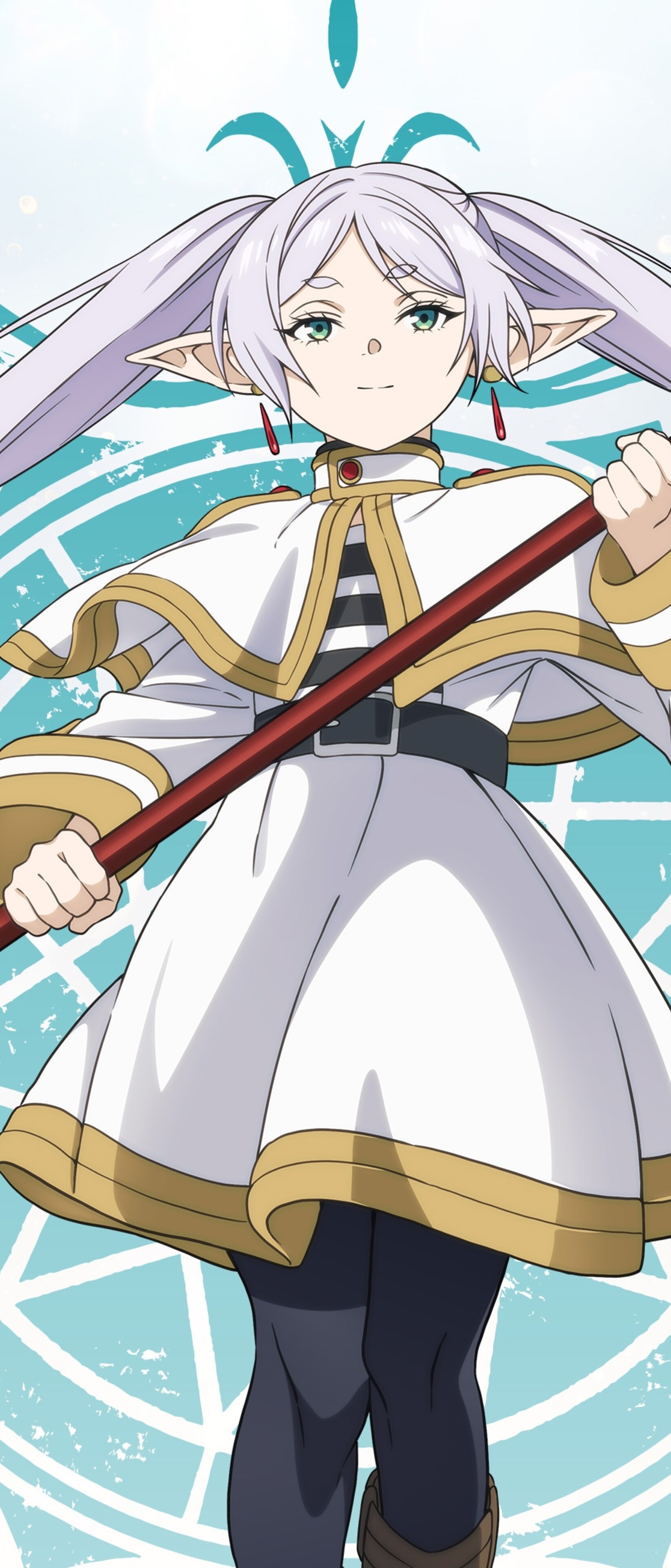 A character poster of Frieren, the white-haired elf mage from the anime Frieren: Beyond Journey's End.