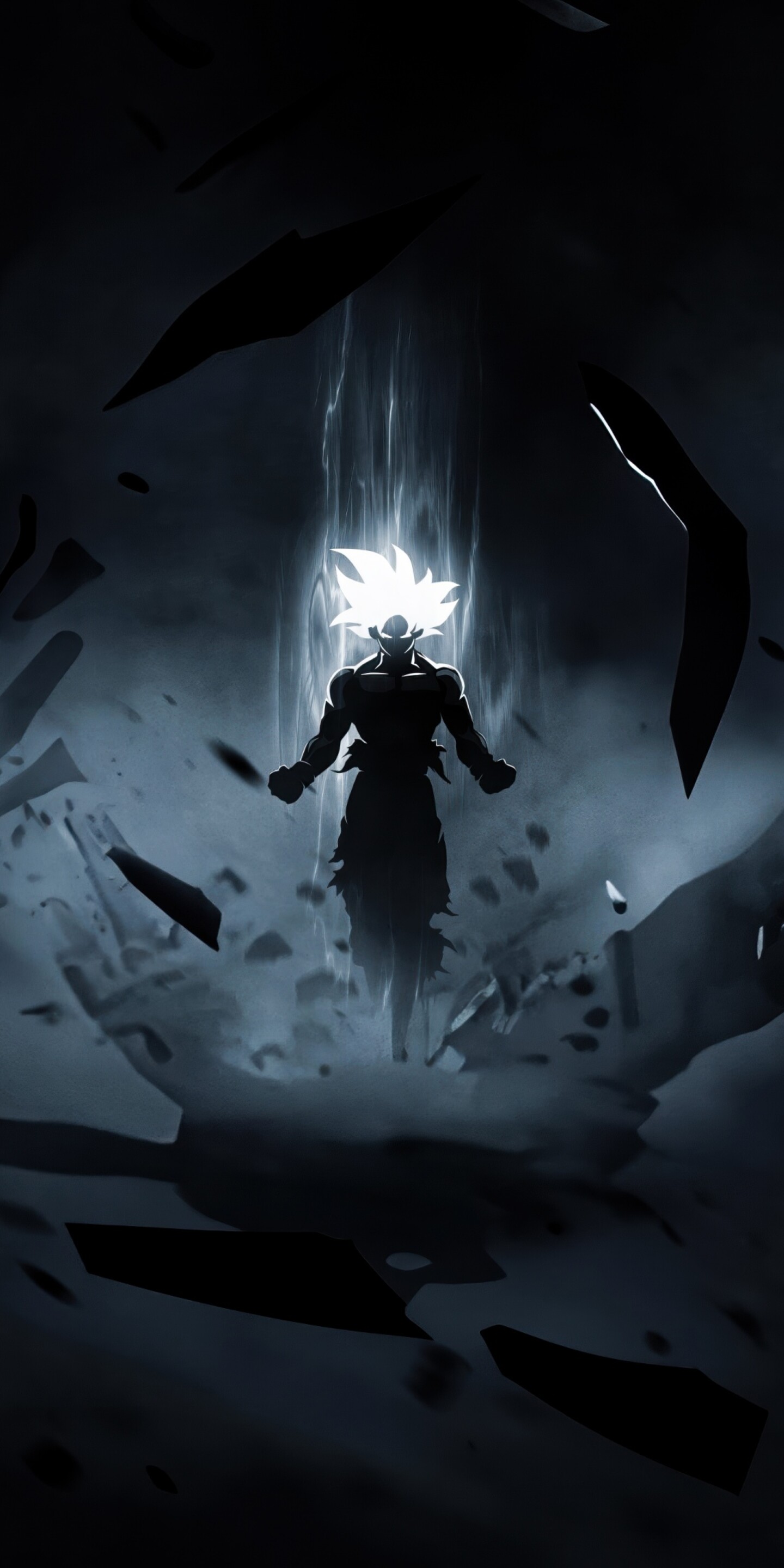 Goku from Dragon Ball Super in his Perfected Ultra Instinct form featuring silver hair and a glowing aura against a dark background.