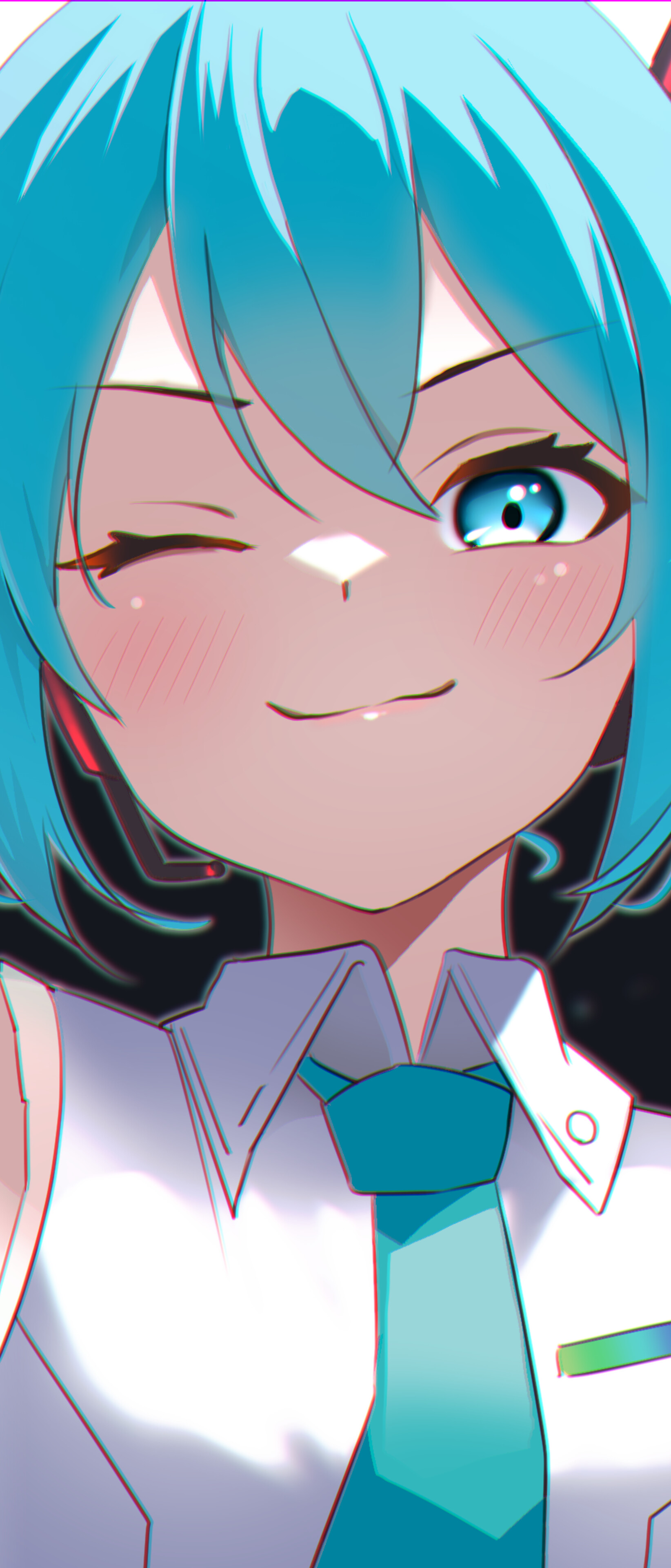 A digital art piece of Hatsune Miku from Vocaloid winking with her signature blue hair.
