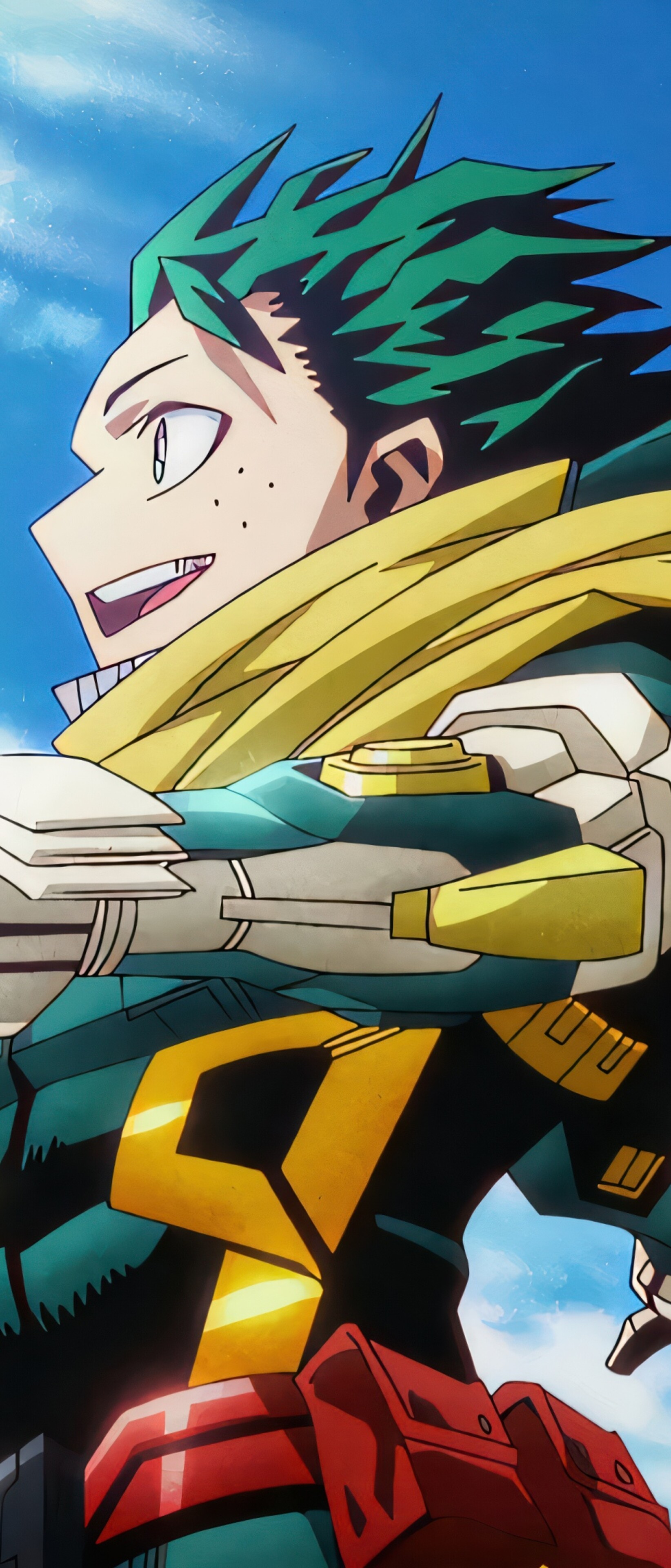Izuku Midoriya from My Hero Academia wearing high-tech combat armor in a cinematic style