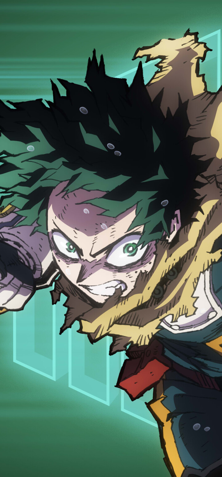 Izuku Midoriya from My Hero Academia in a dynamic anime action pose.
