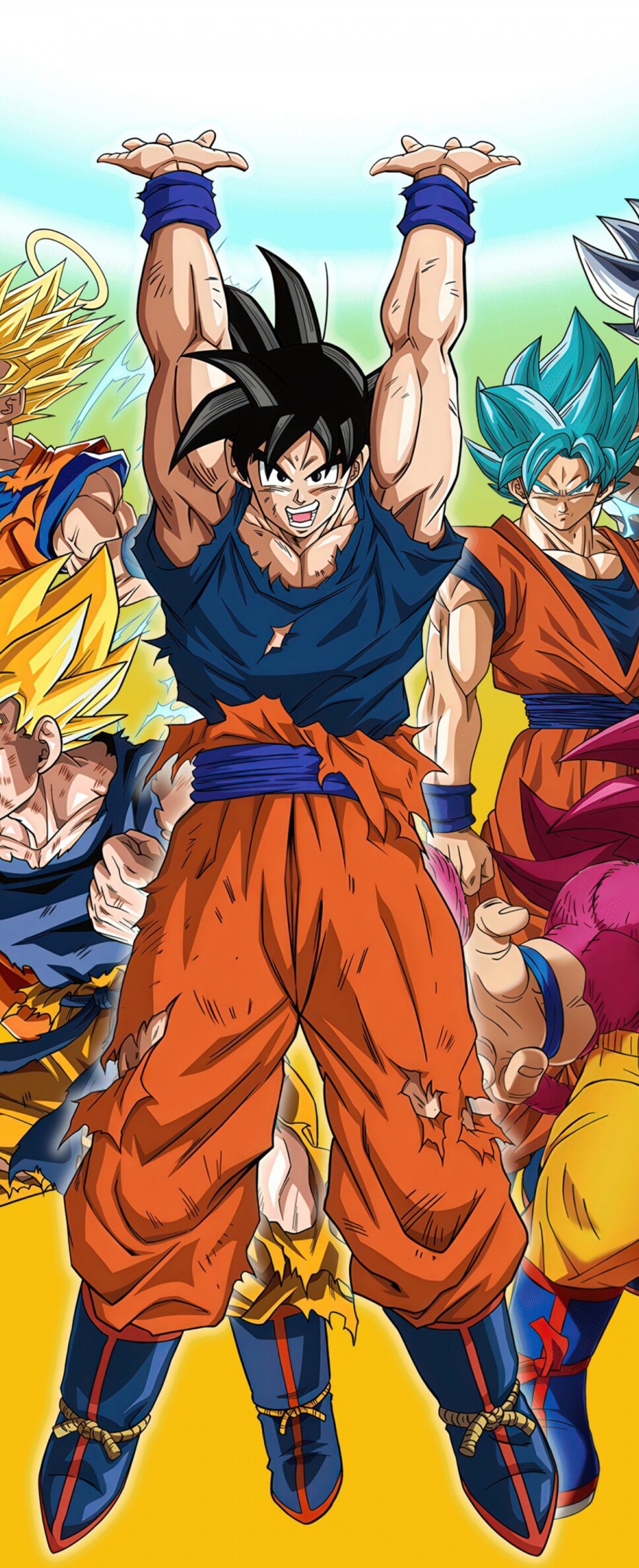 An epic collage of Son Goku from Dragon Ball Super featuring Super Saiyan, Super Saiyan Blue, and Ultra Instinct forms on a yellow background.