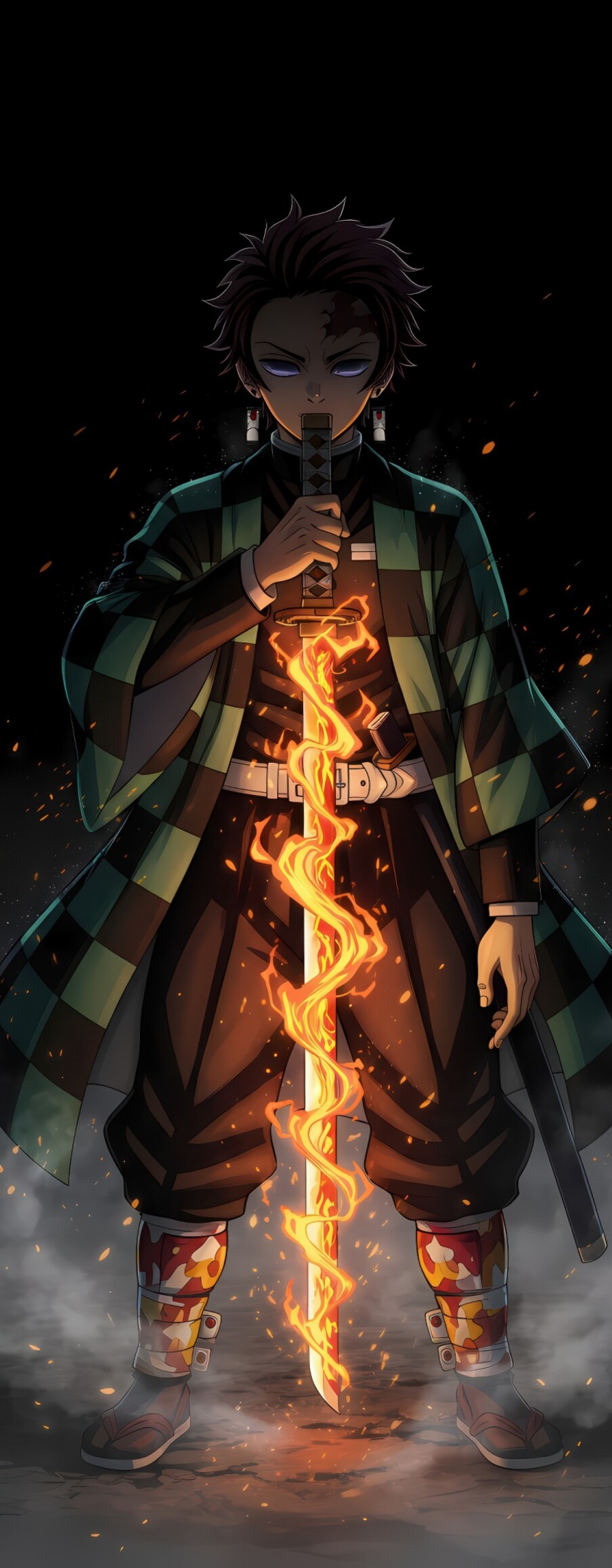 Tanjiro Kamado from Demon Slayer: Kimetsu no Yaiba unleashing the Hinokami Kagura fire technique against a dark background.