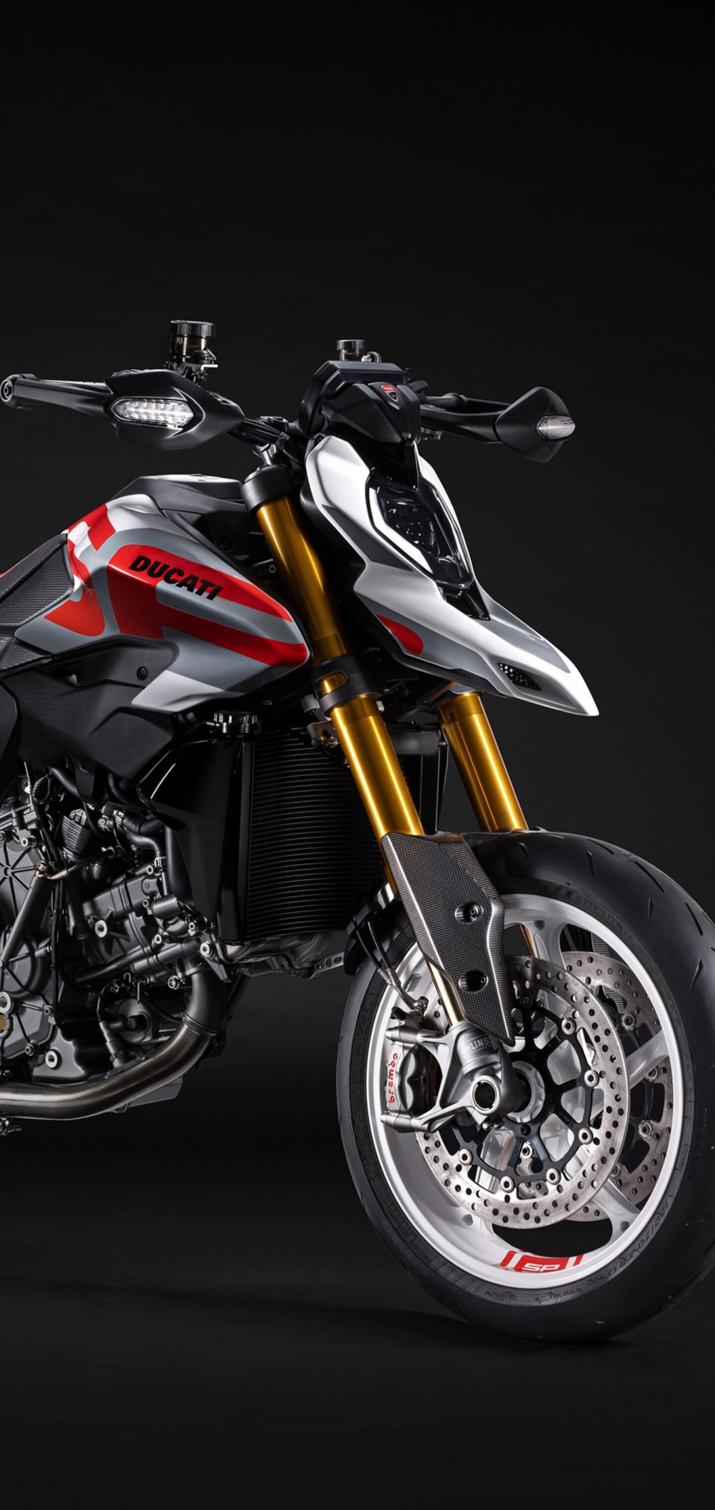 A high-detail 5K cinematic shot of the 2026 Ducati Hypermotard V2 motorcycle featuring a dark, moody background.