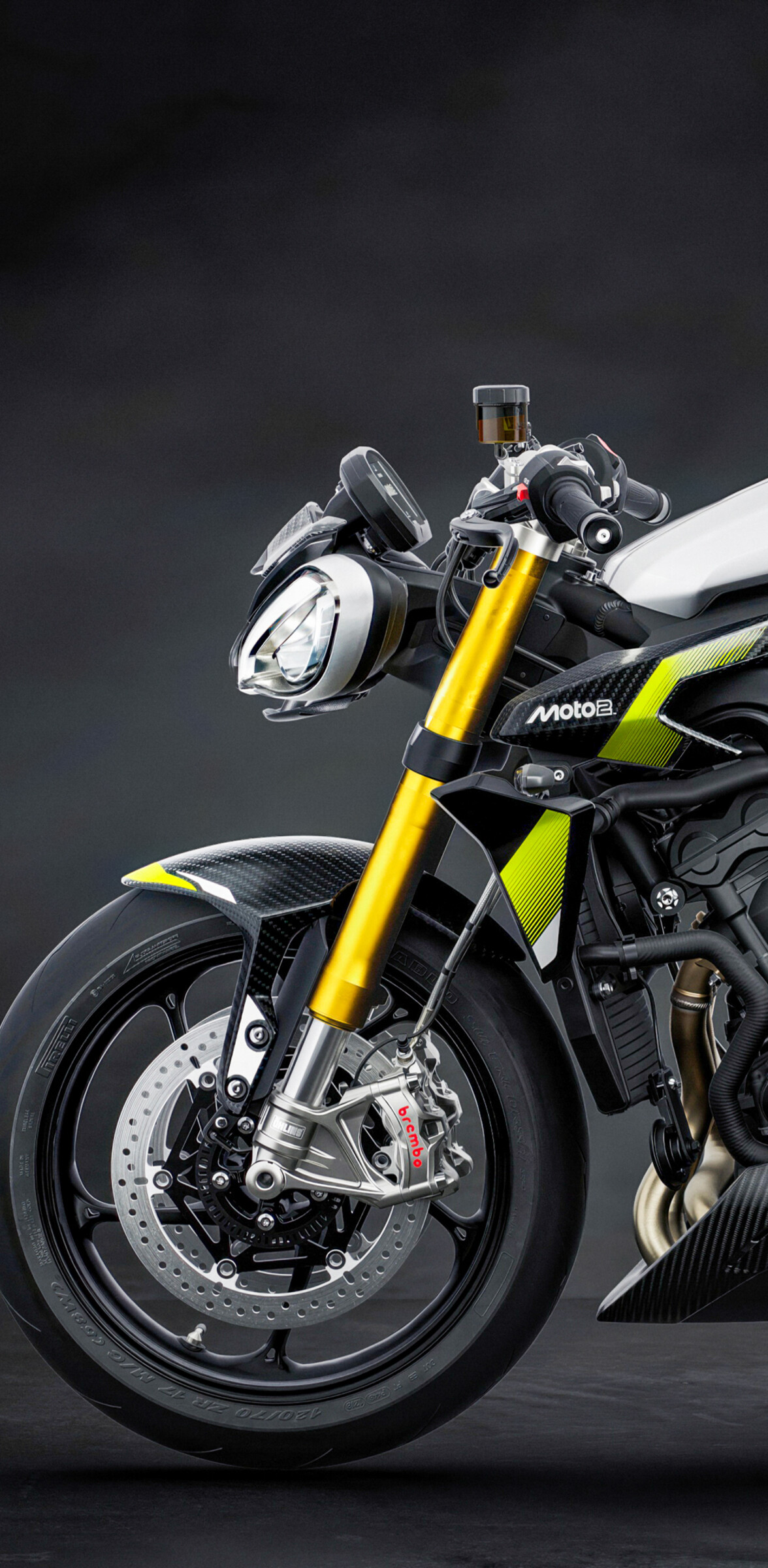 A high-performance 2026 Triumph Street Triple 765 Moto2 Edition motorcycle set against a dark, atmospheric background.