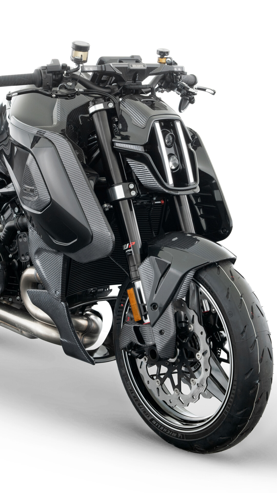 A studio shot of the 2026 Brabus 1400 R Signature Edition, a luxury naked motorcycle inspired by the KTM 1390 Super Duke R, isolated on a white background.