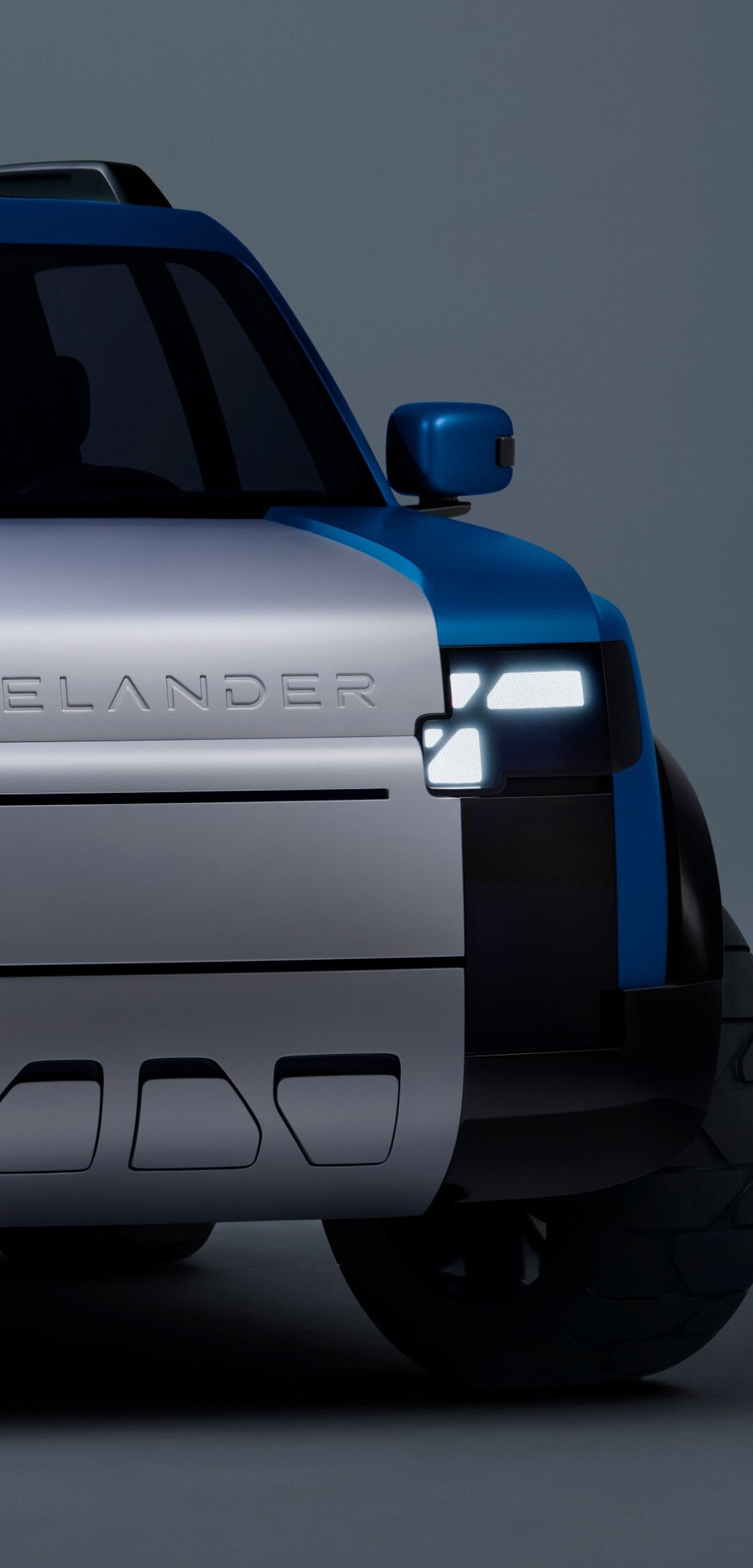 A high-resolution, close-up view of a futuristic electric SUV with aerodynamic lines and neon lighting.