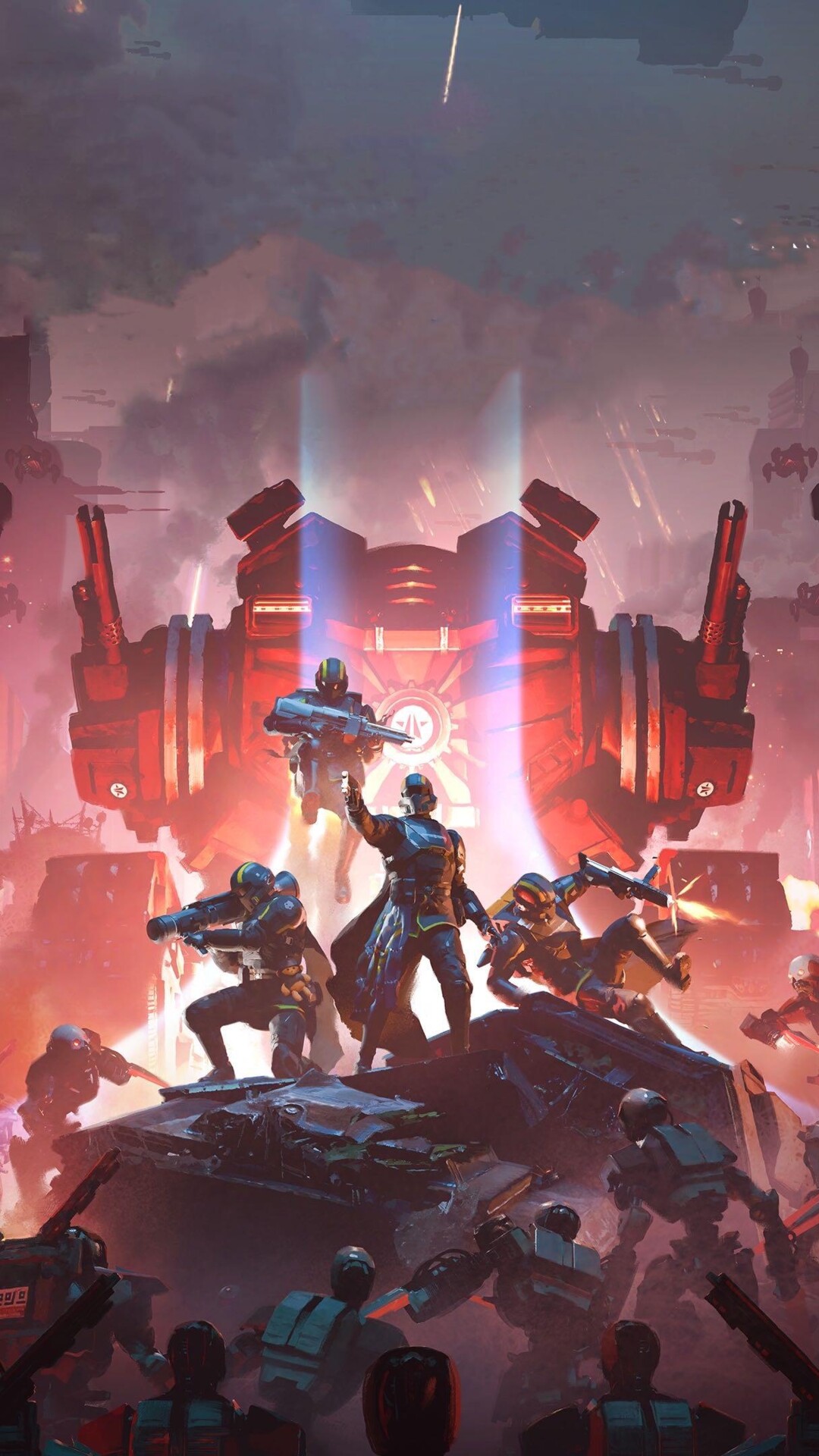 A Helldiver from Helldivers 2 standing in a dramatic combat setting wearing signature tactical armor.