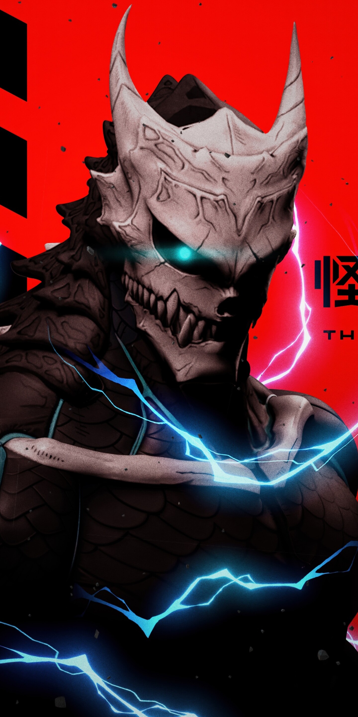 Cinematic 8K digital art of Kaiju No. 8 from the anime Kaiju No. 8 against a vibrant red background.