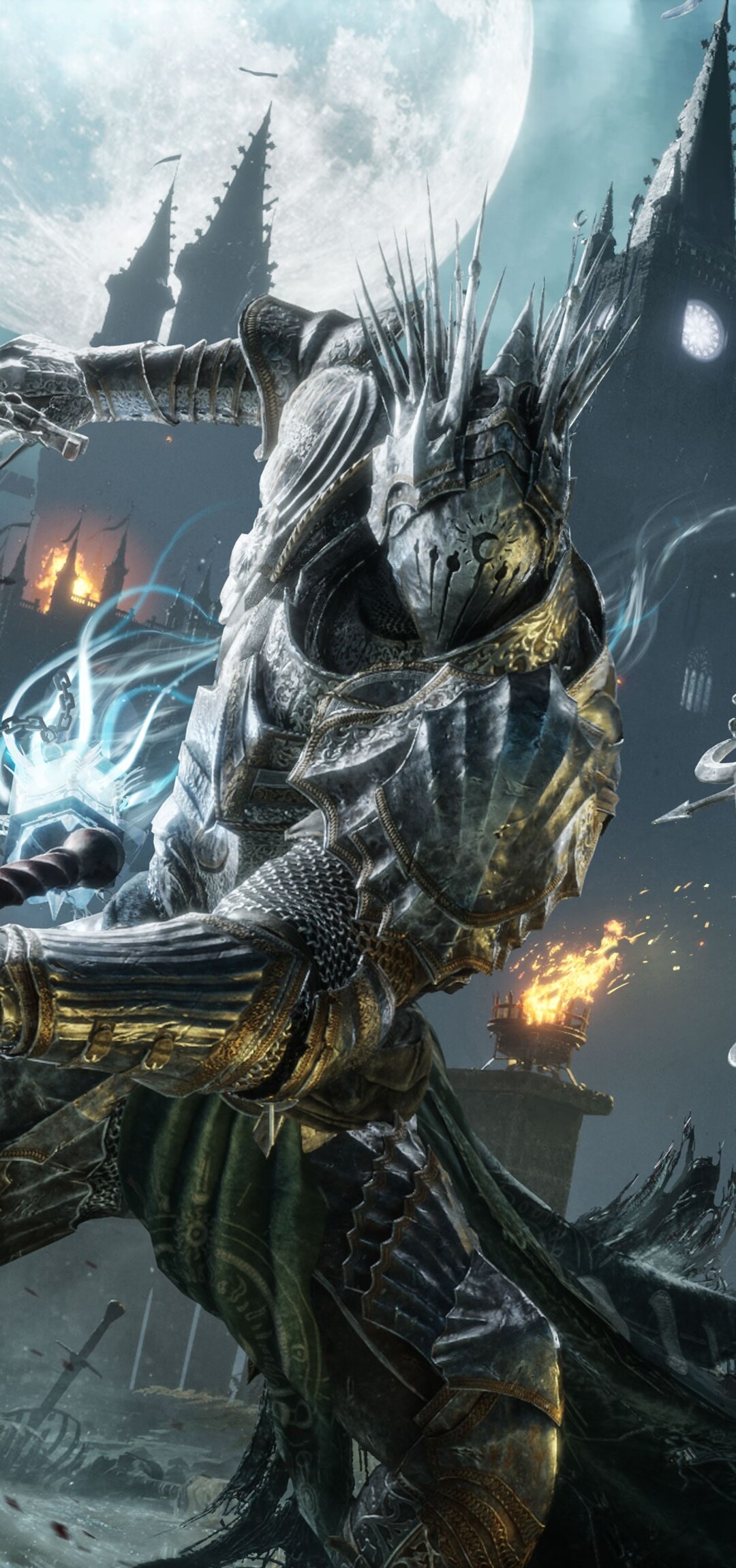 A battle-hardened knight in heavy armor performing a strike during combat in Lords of the Fallen II gameplay.