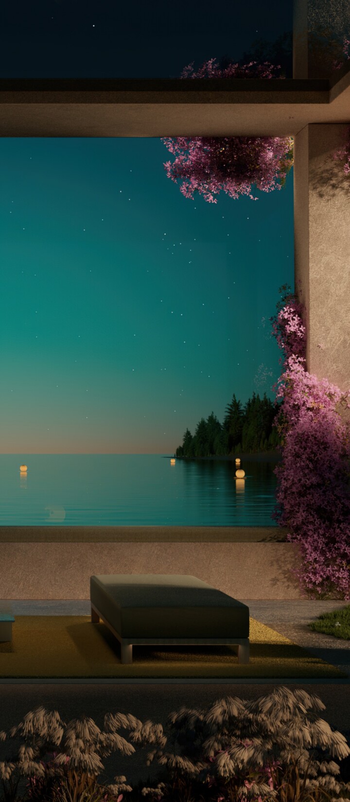 A contemporary luxury resort overlooking a calm ocean at night with aesthetic outdoor lighting.