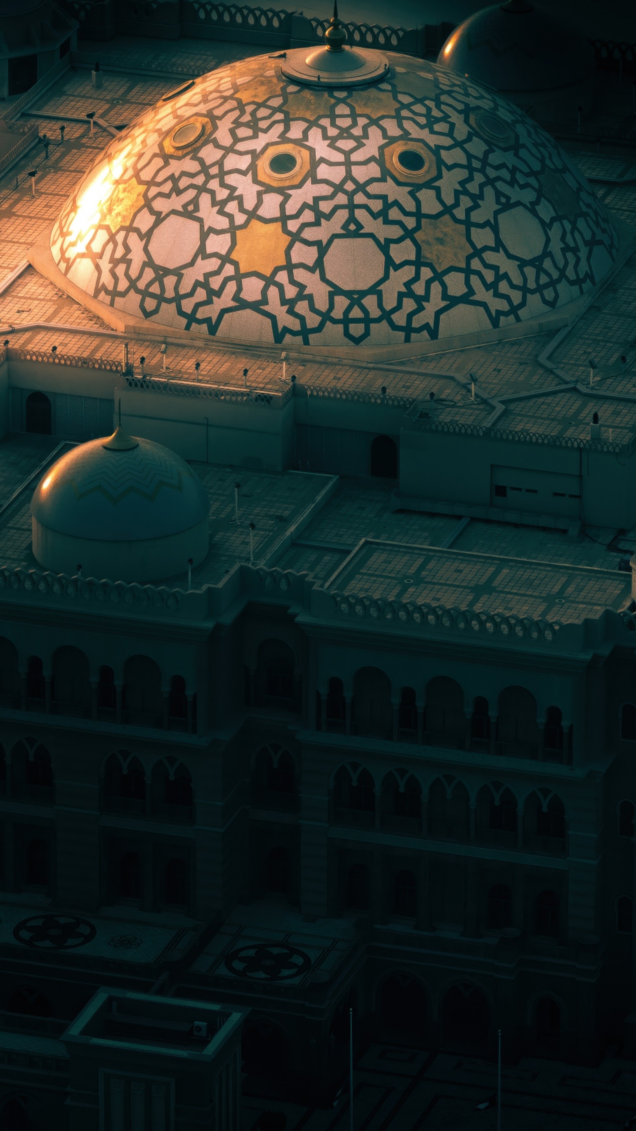 Dark aesthetic night view of the Sheikh Zayed Grand Mosque in Abu Dhabi, UAE, showing intricate Islamic architecture and spiritual atmosphere.