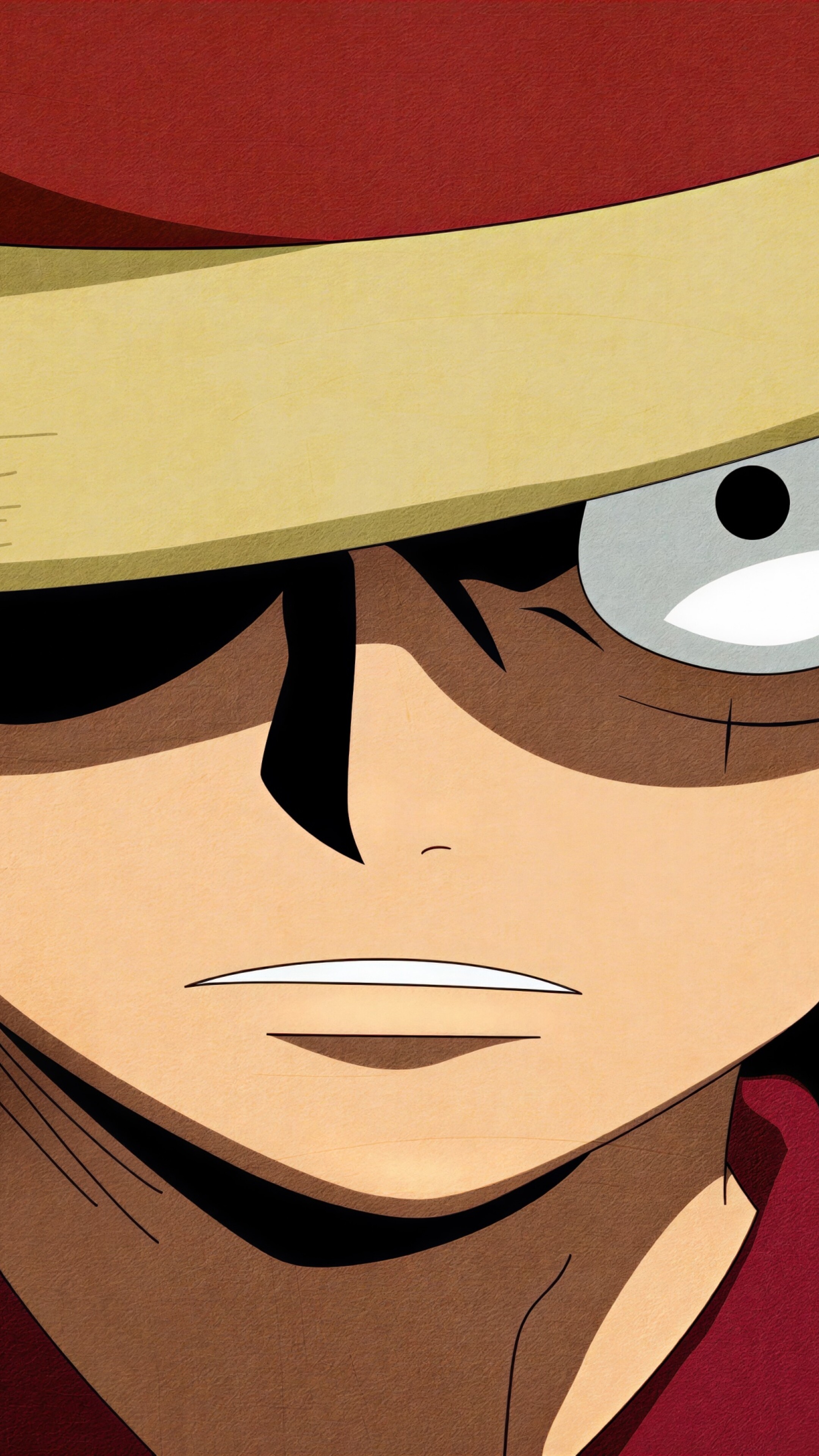 A close-up, intense depiction of Monkey D. Luffy from One Piece with a focused expression.