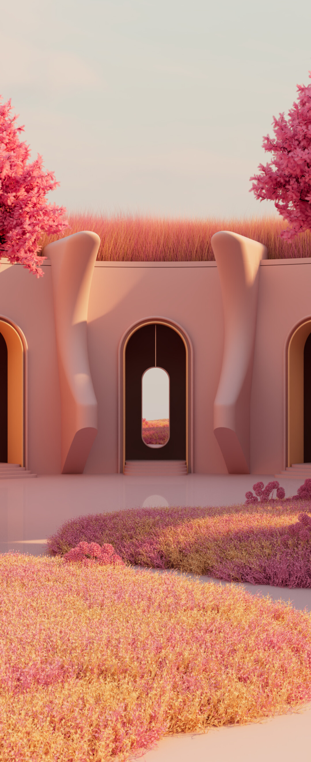 A futuristic, surreal landscape featuring an Etherean Wanderer amidst floating islands and neon plants.
