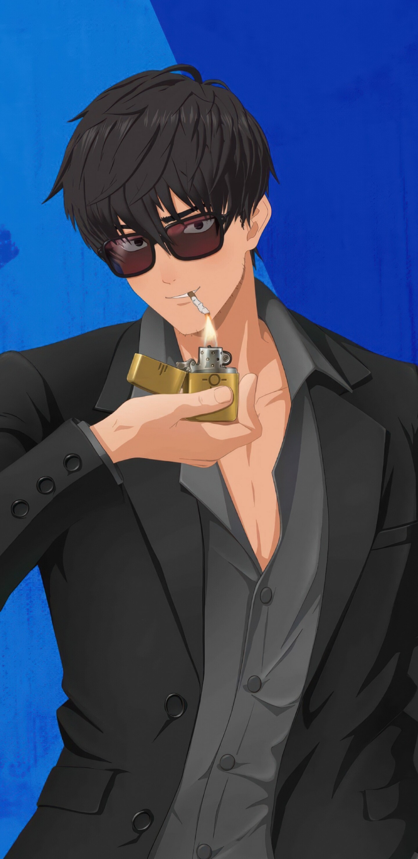 Nicholas D. Wolfwood from Trigun Stargaze against a vibrant blue background